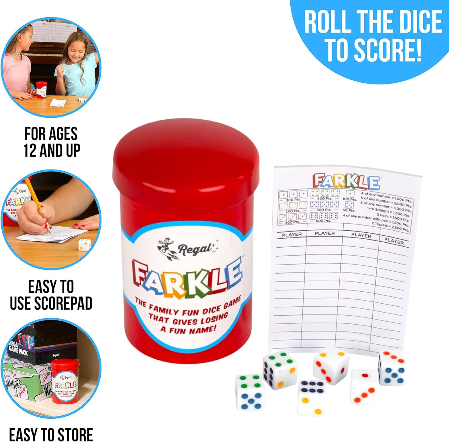 – Farkle Classic Dice Game W/ 6 Colored Dice, 1 Convenient Dice Cup for Easy Sha