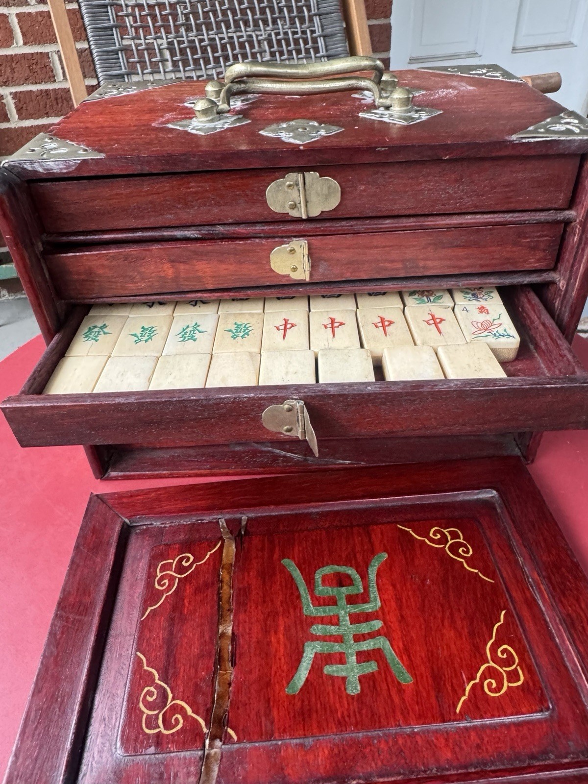 Antique Mahjong 5 Drawer Wood Box Set Bamboo Bone w/DICE/Tiles/Hand Colored