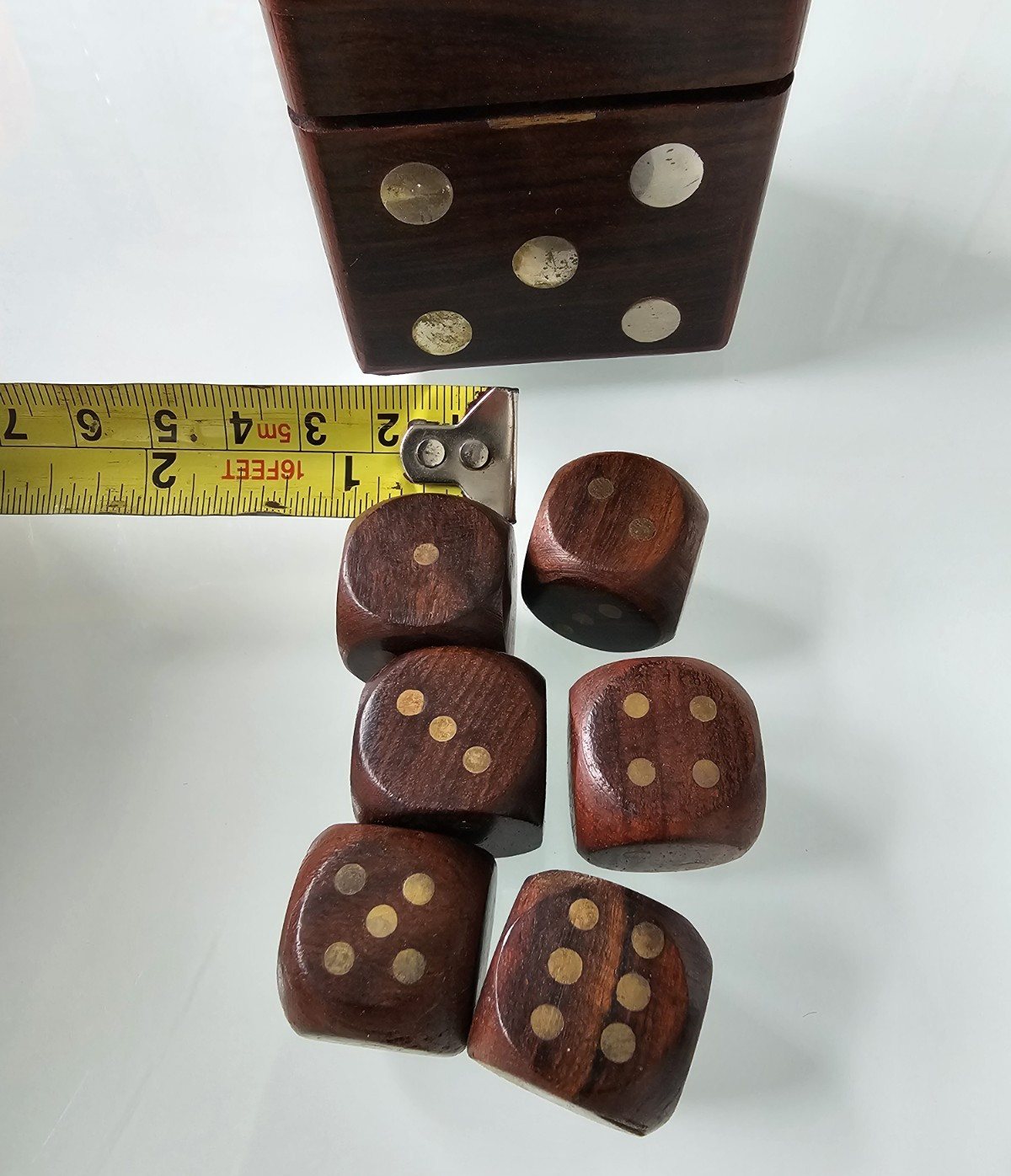 Set of 6 Wood Dice & Storage Box with inset brass decorative spots