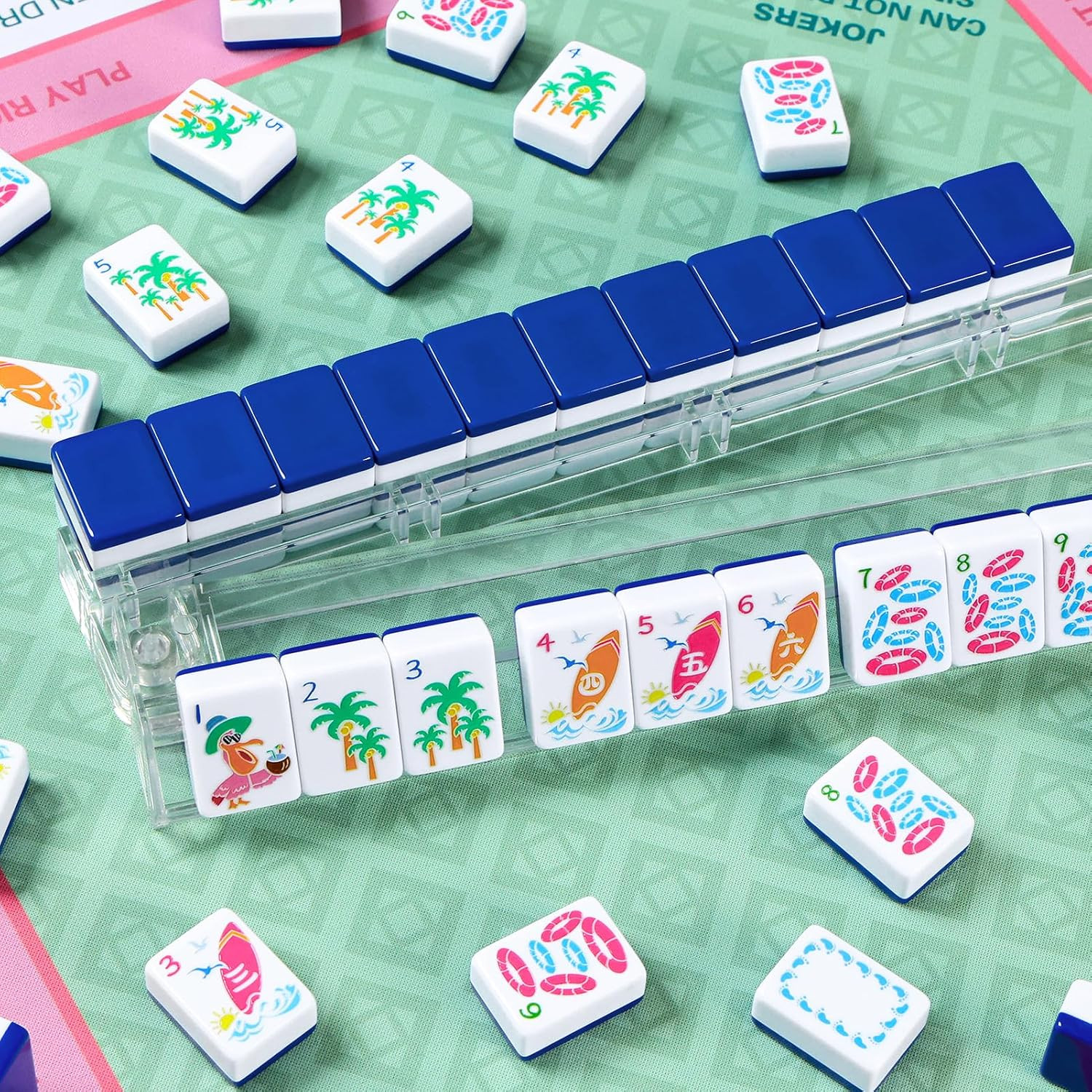 Summer American Mahjong Set: 160 Dark Blue Tiles, 4 Racks, Mahjong Bag and Acces