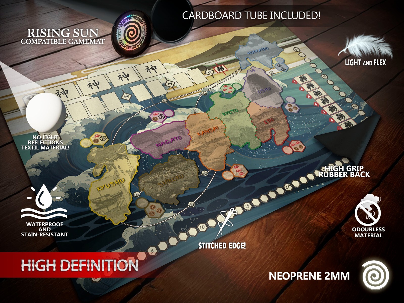 Tapete de neopreno compatible con juego de mesa Rising Sun.