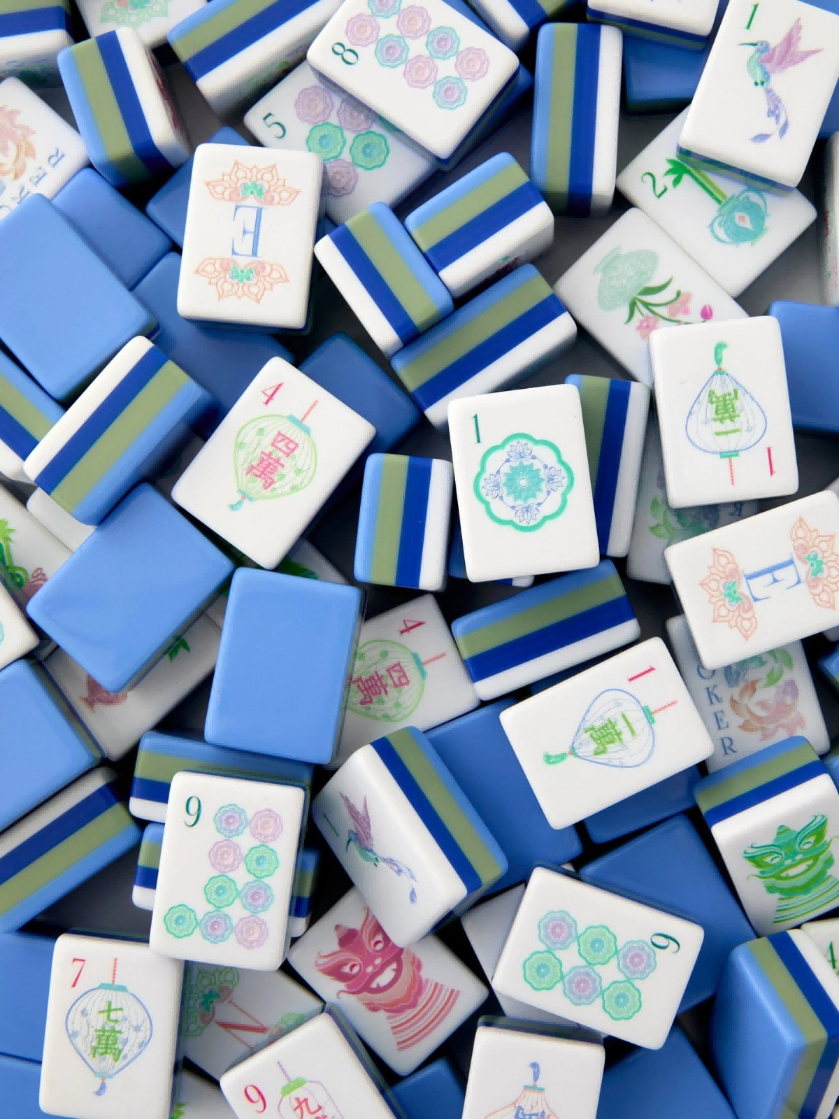 160 American Mahjong Tiles 4-Layer Acrylic Blue Theme Engraved Set