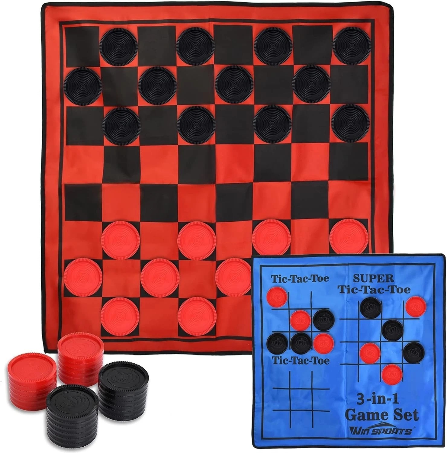3 in 1 Giant Checkers Game Set,Super Tic Tac Toe,Including Reversible Rug wit..