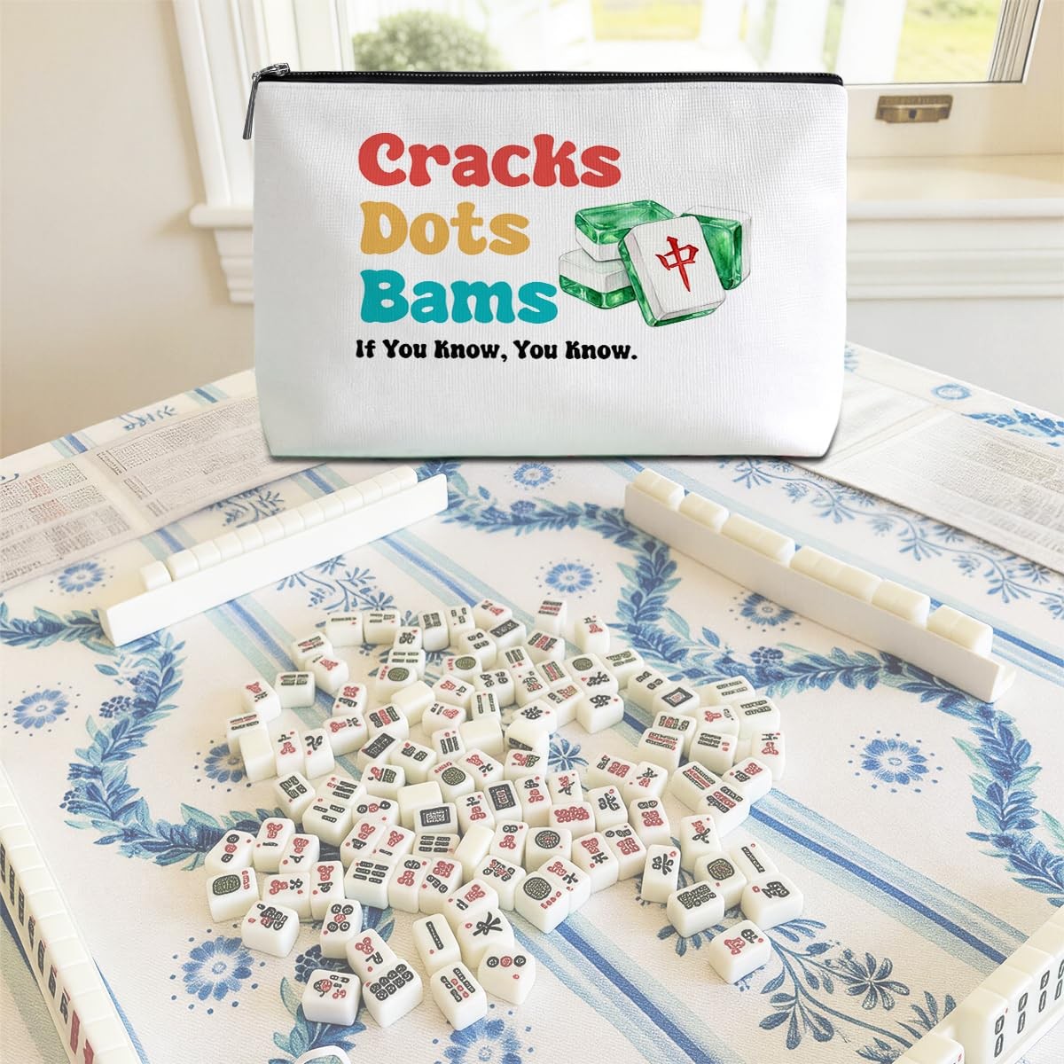Blue Leaves Cracks Dots Bams Empty Mahjong Tile Bag and Makeup Bag Organizer …
