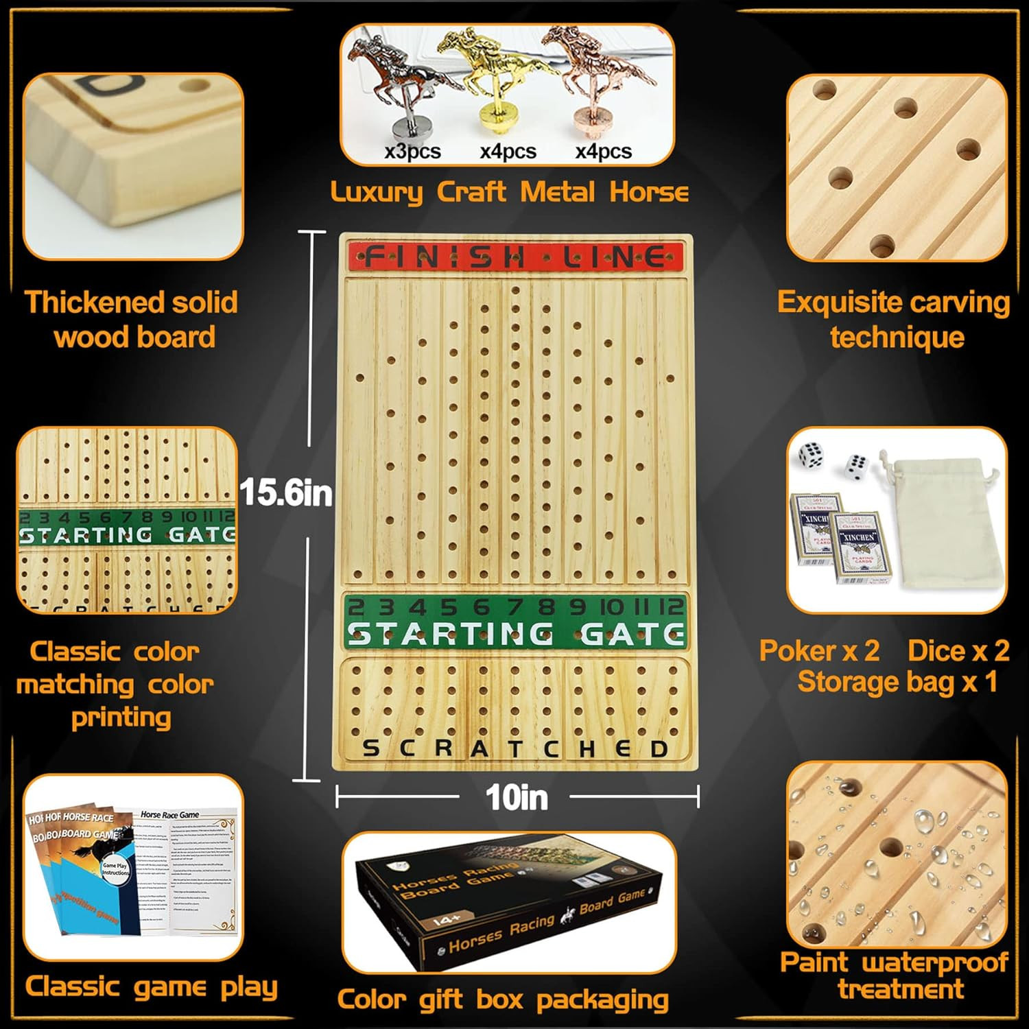 Horse Race Board Game, Thickened Solid Wood with 11 Durable Classic Metal Horses