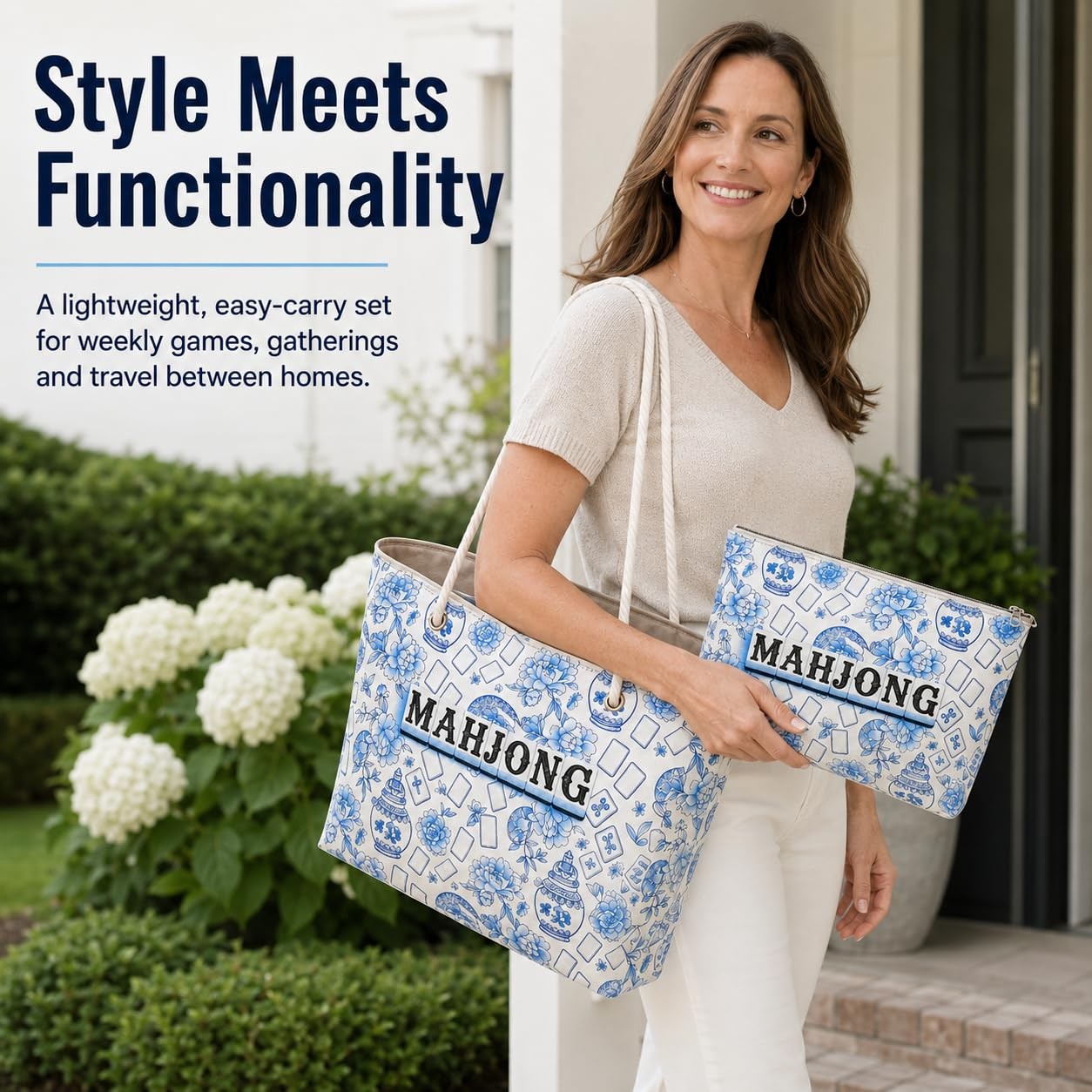 3 Pcs Empty American Mahjong Bags for Tiles and Racks and Mat, Blue Floral Ma…