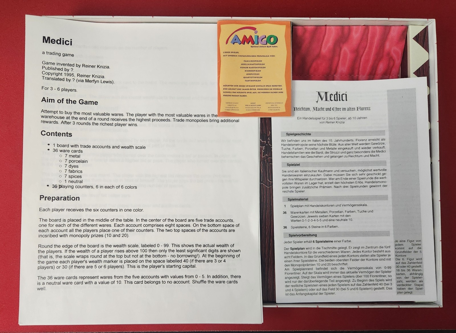 Medici Board Game Amigo Spiele Reiner Knizia 1995 German Ed. w/ ENG Instructions