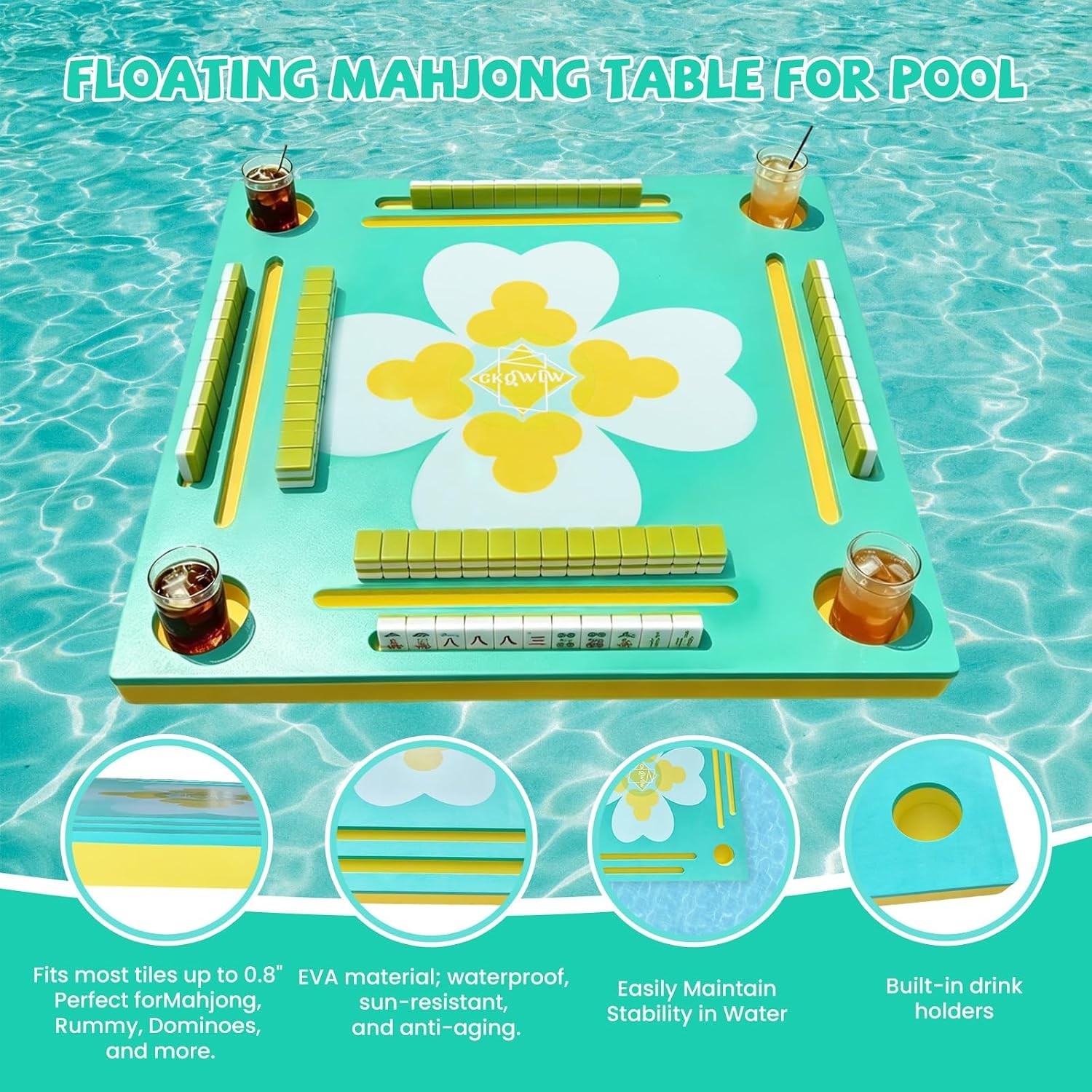 Floating Mahjong Table Double Sided 32-inch Waterproof Water Game Tray for Pool