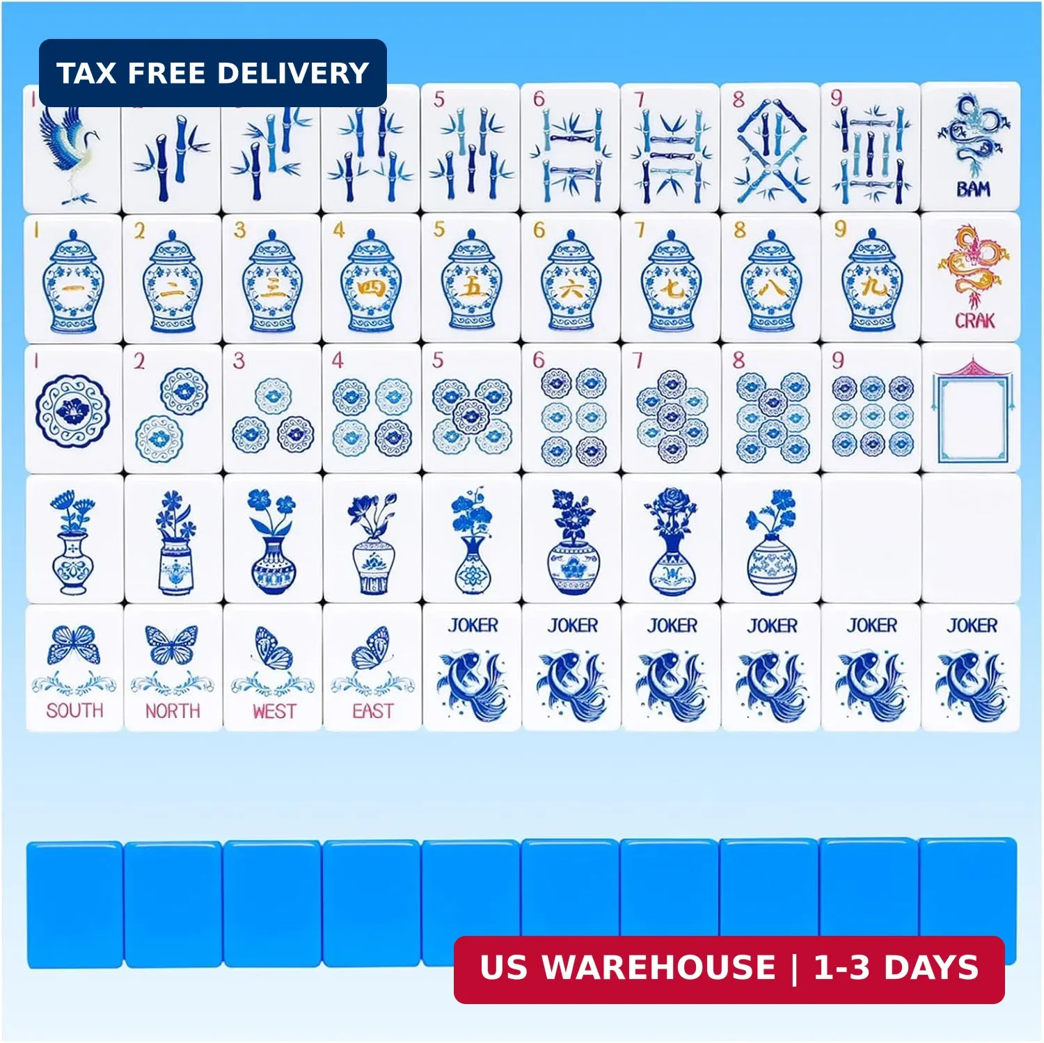 Light Blue American Mahjong Tile Set(1.2″), 160 Engraved Tiles with Mahjong Tile