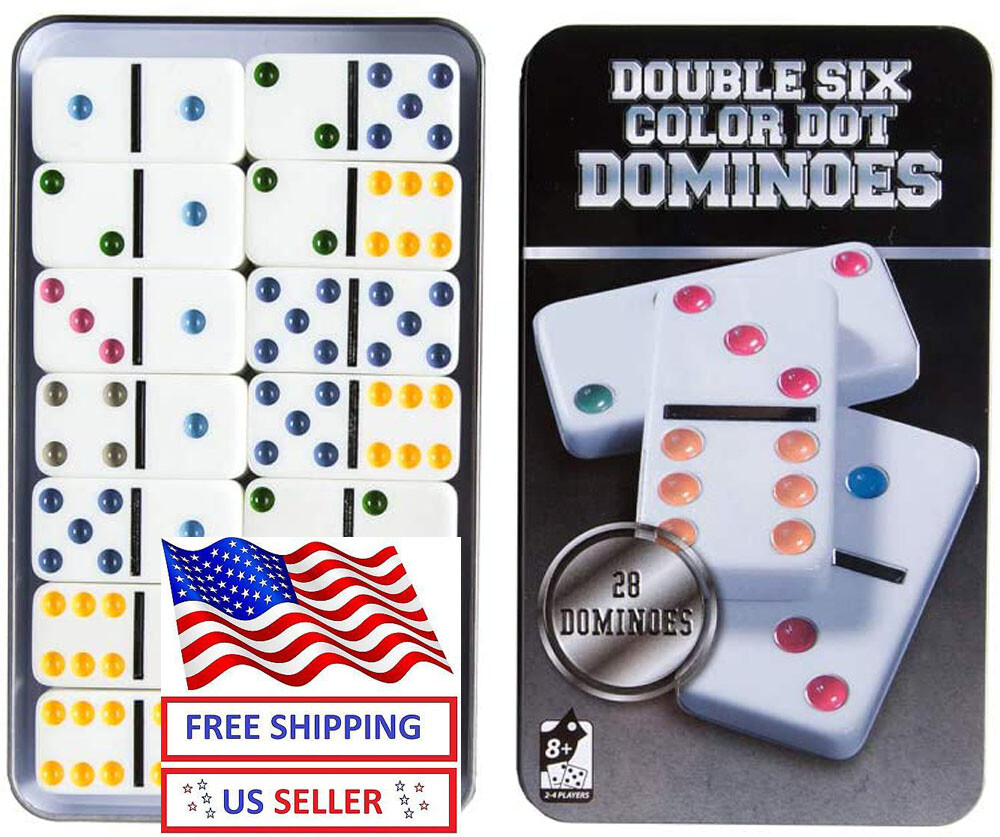 DOUBLE SIX DOMINOES DOMINO SET OF 28 Black Tiles in TIN Case COLOR DOTS