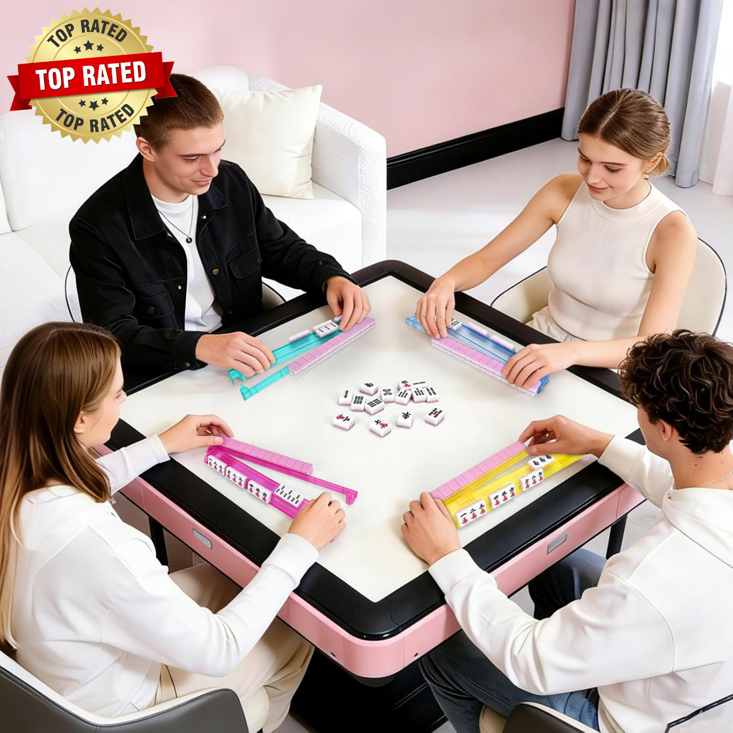 Non-Slip Mahjong Racks with Pushers, 4-Pack Clear Acrylic Racks, American Mahjon