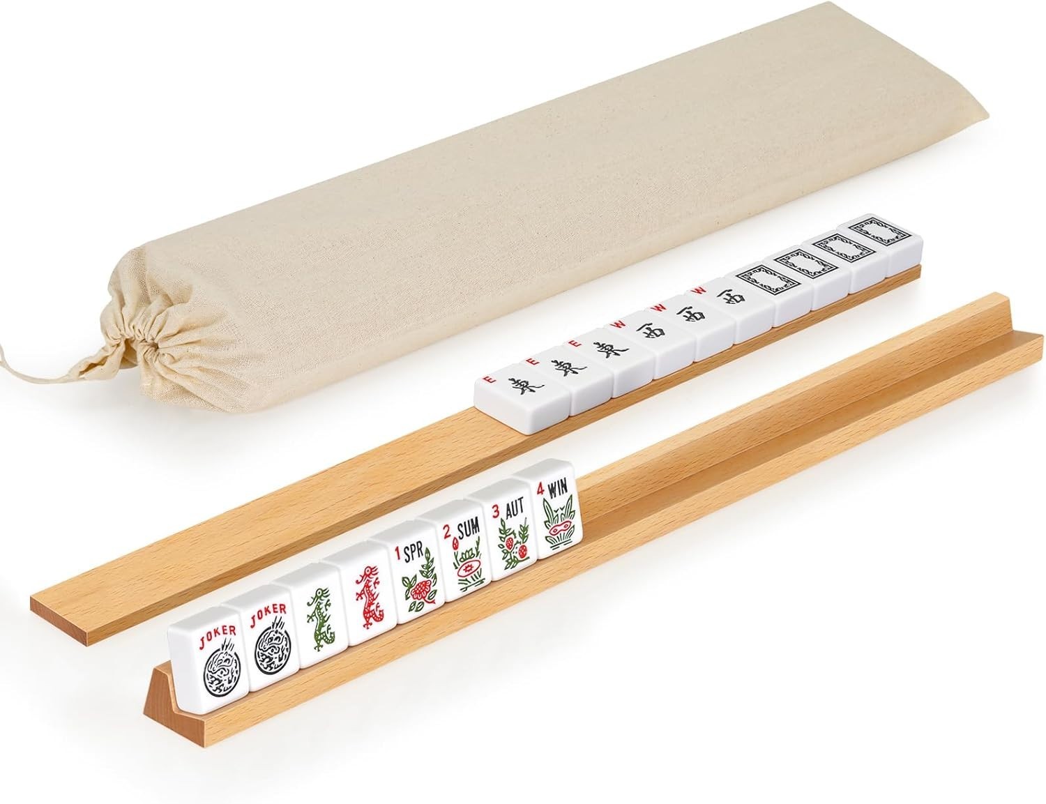 Wooden Mahjong Racks with Pushers, Set of 4, Solid Wood Tile Racks with Push Sli