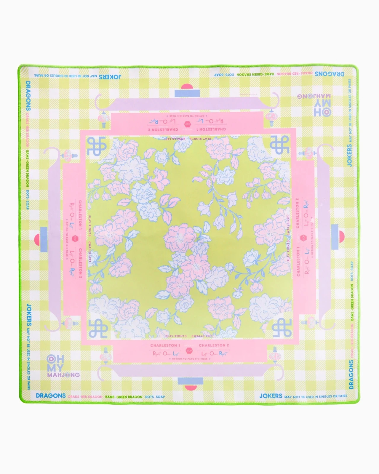 80x80cm Thickened Mahjong Table Mat – Green Checkered Flowers Mat With Carry Bag