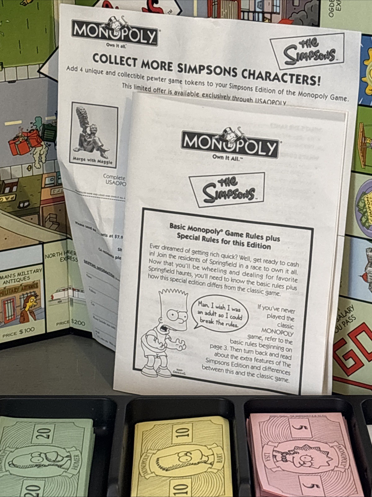 Hasbro Monopoly The Simpsons Edition Board Game Near Complete 2001 Pewter Bart