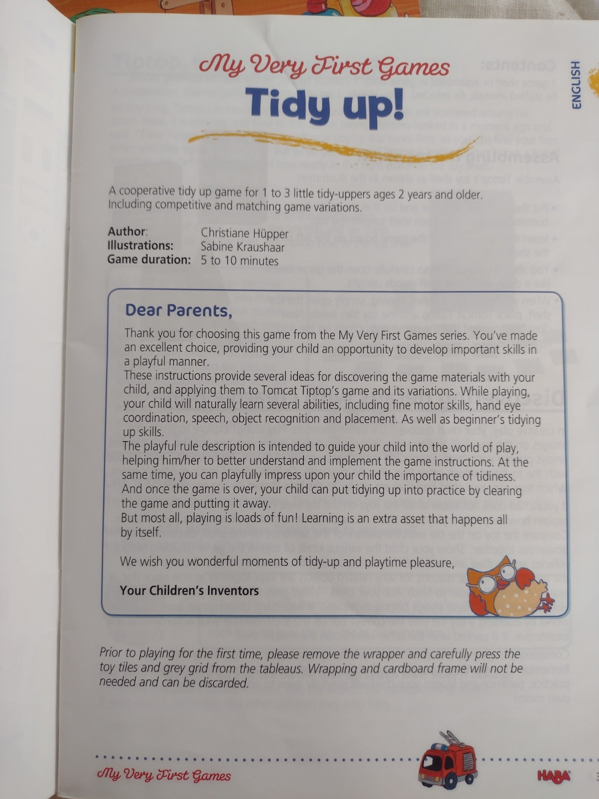 My Very First Tidy Up Board Game By Haba Made In Germany Complete Ages 2+