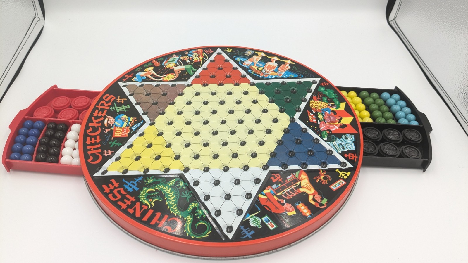 Vintage 1970s Steven Chinese Checkers Deluxe Metal Board Game – Complete in Box
