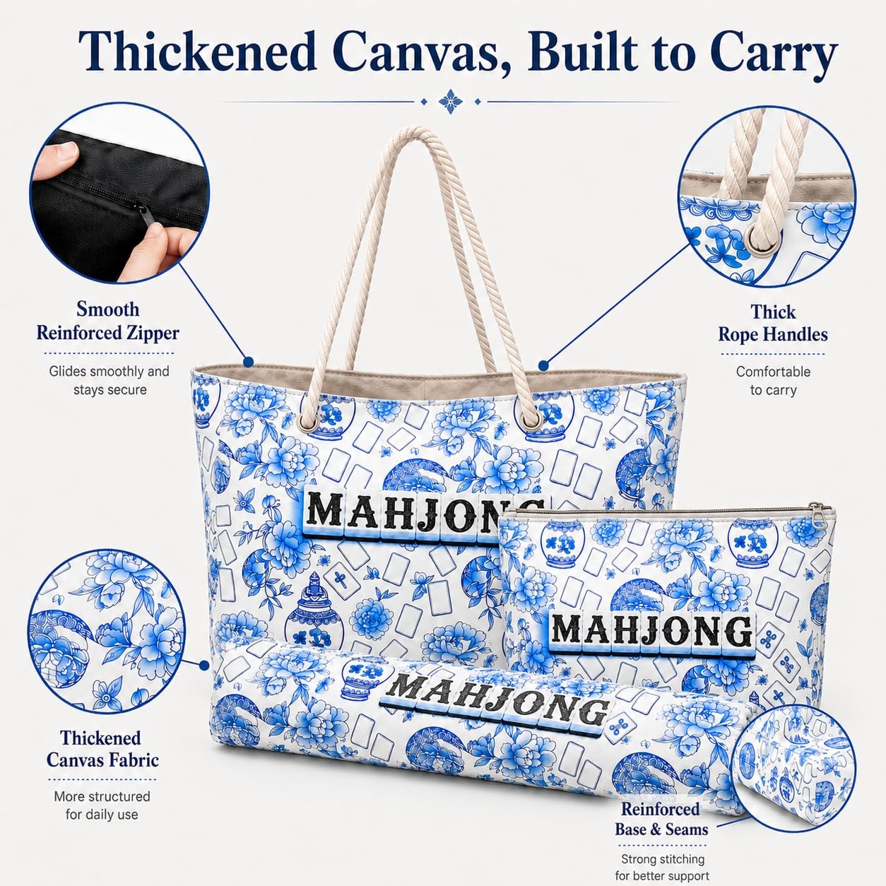 3 Pcs Empty American Mahjong Bags for Tiles and Racks and Mat, Blue Floral Ma…