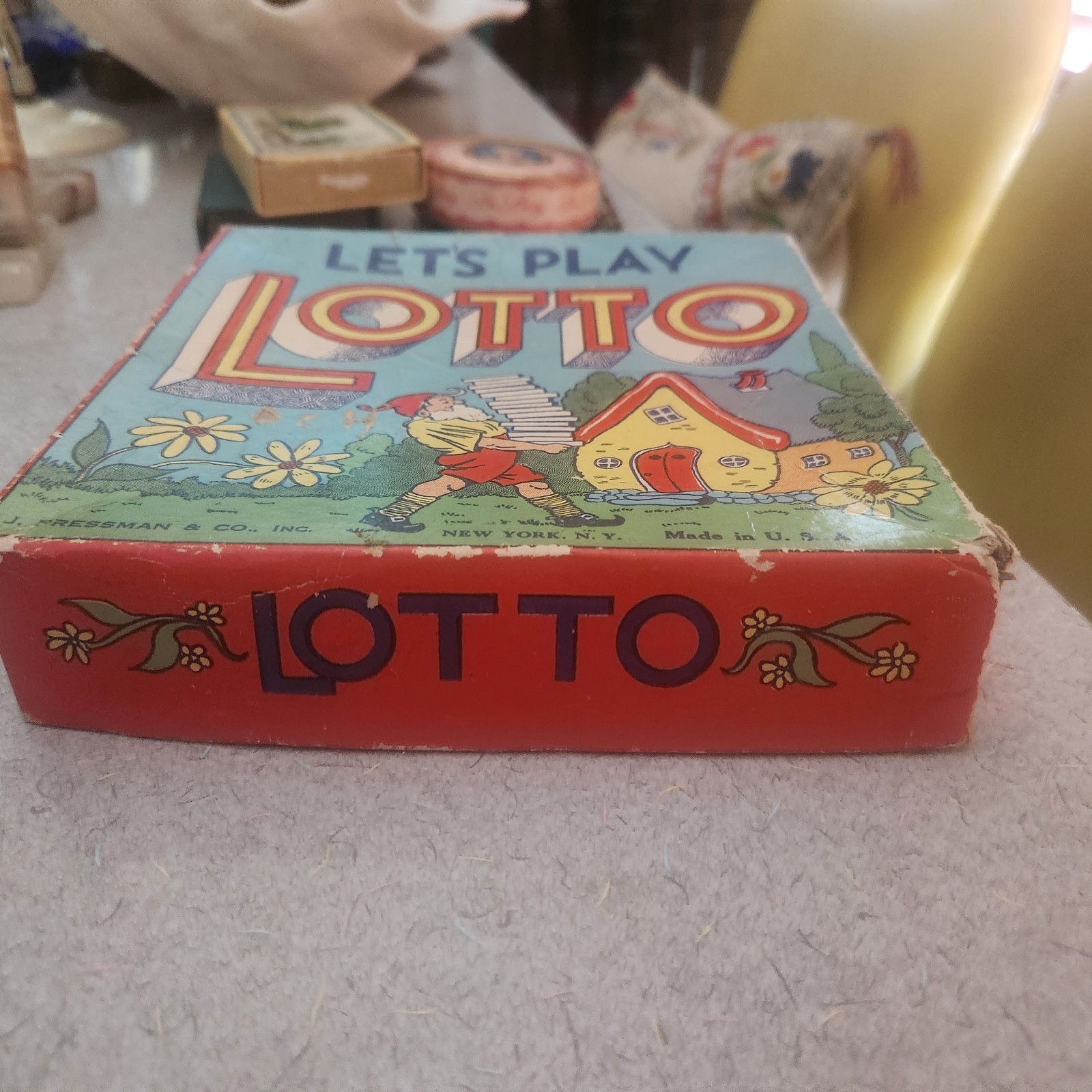 Vintage Let’s Play Lotto Game With Colorful Gnome Graphic On Box c. 1950s