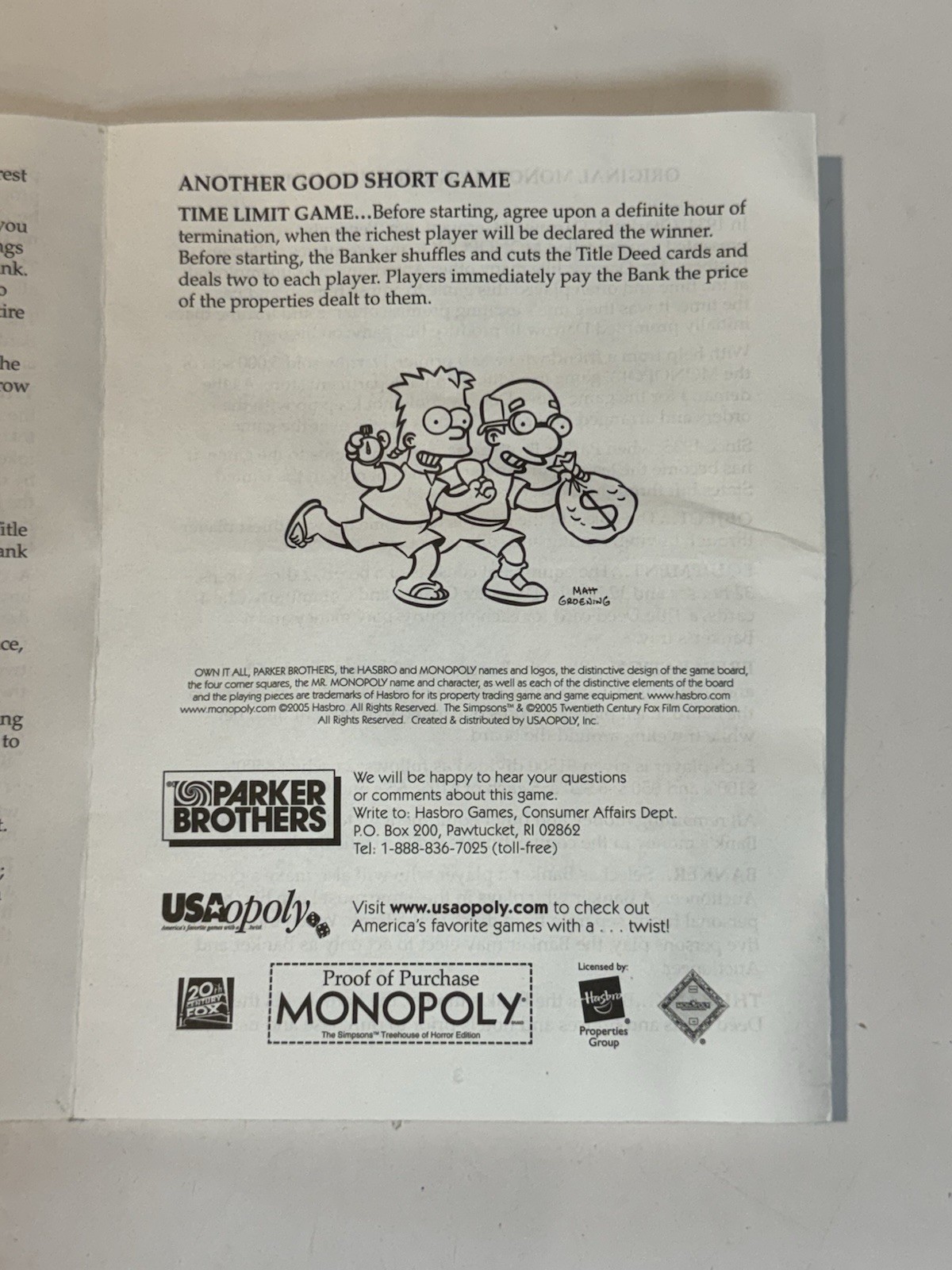 Monopoly The Simpsons Treehouse of Horror 2005 Replacement Game Instructions