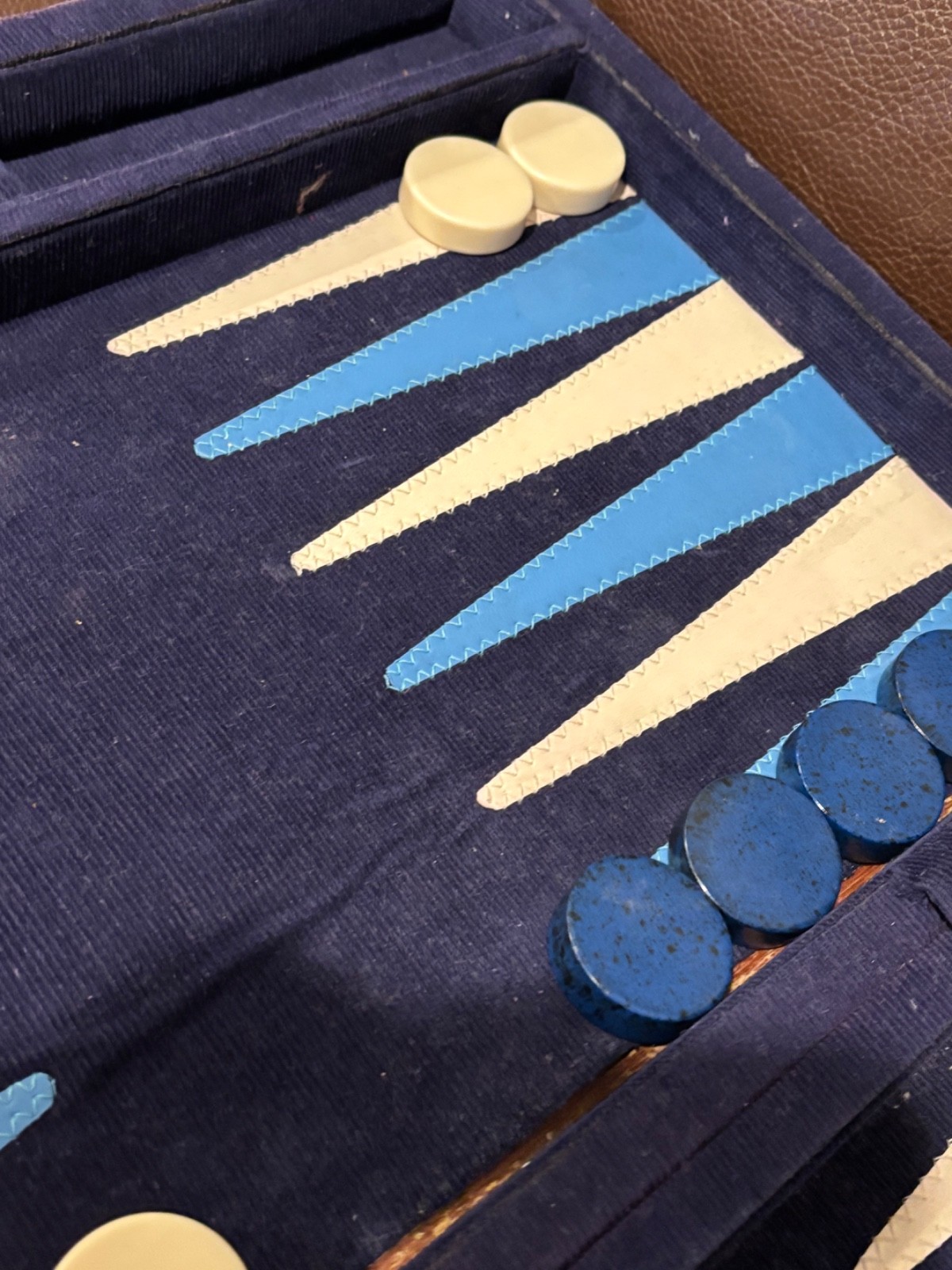 Vintage Backgammon Blue Corduroy Case Blue Black Speck + Cream Checkers