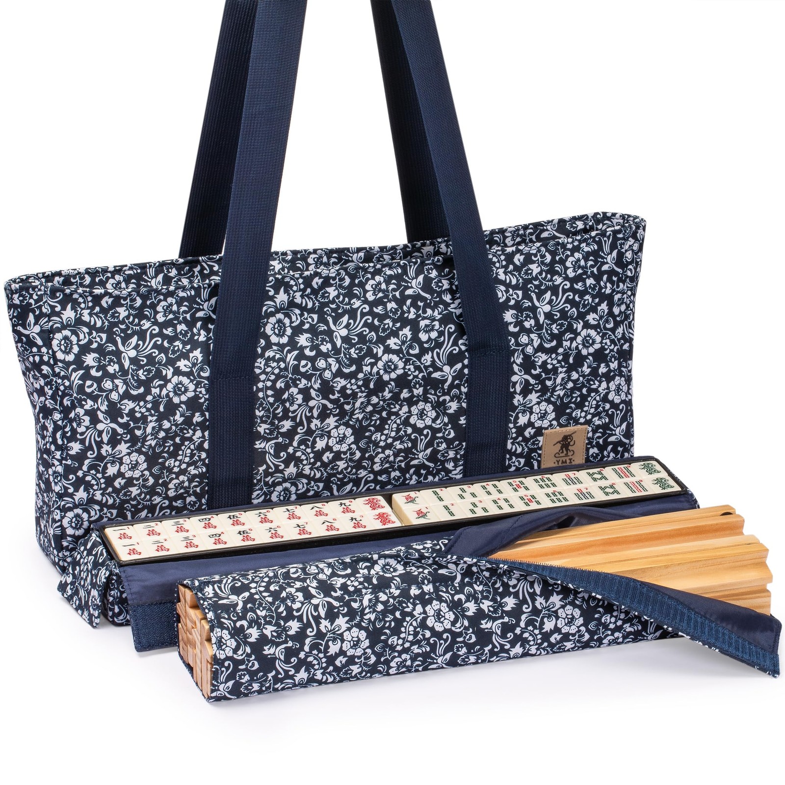 Yellow Mountain Imports American Mahjong Set Blue Calico Soft Case Racks Pushers