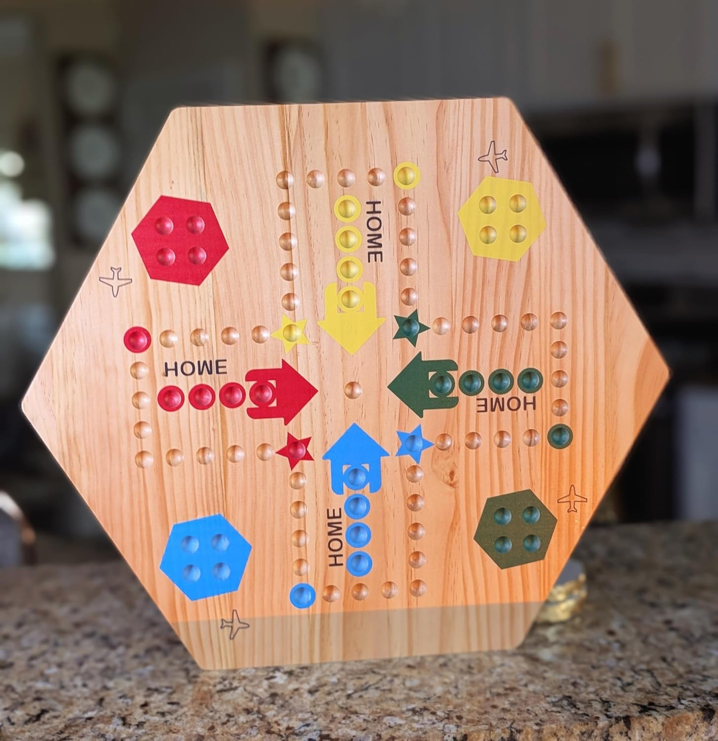 Wooden Wahoo Marble Board Game , Double-Sided, for 2-6 Players, with 24 Marbles