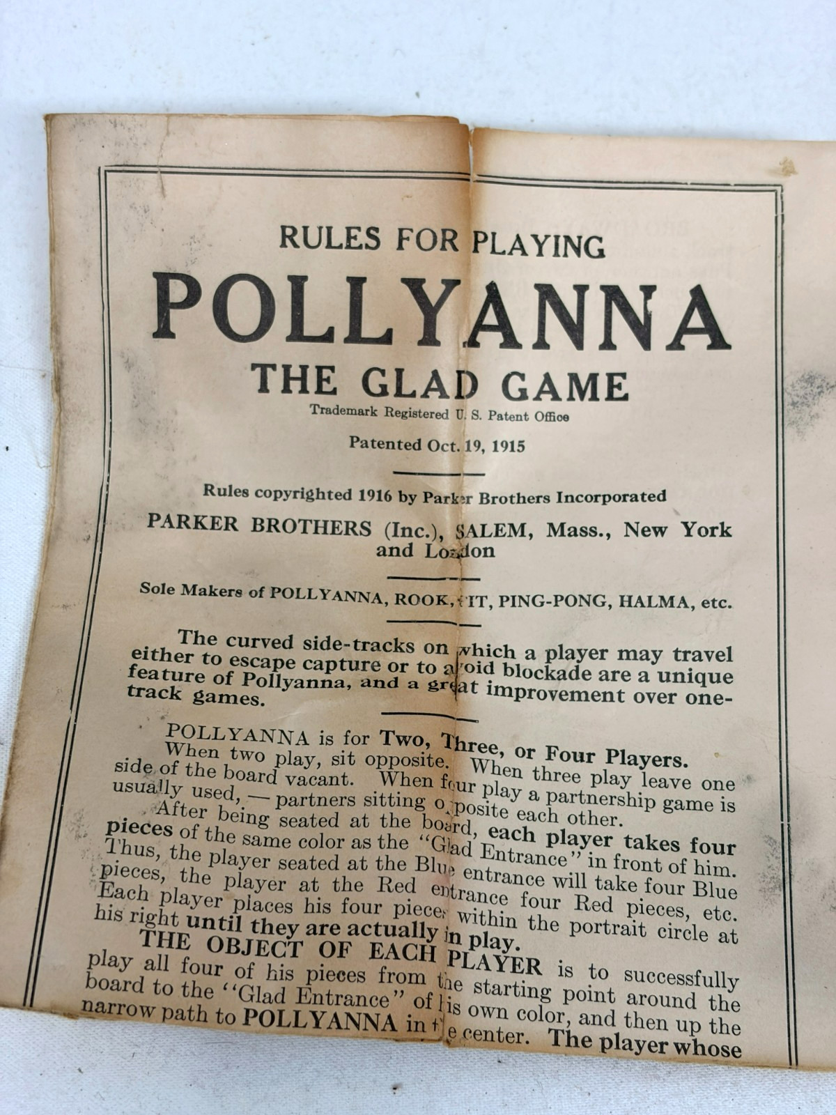 VTG 1916 Parker Brothers Pollyanna The Glad Game Replacement Pieces Rules Lot