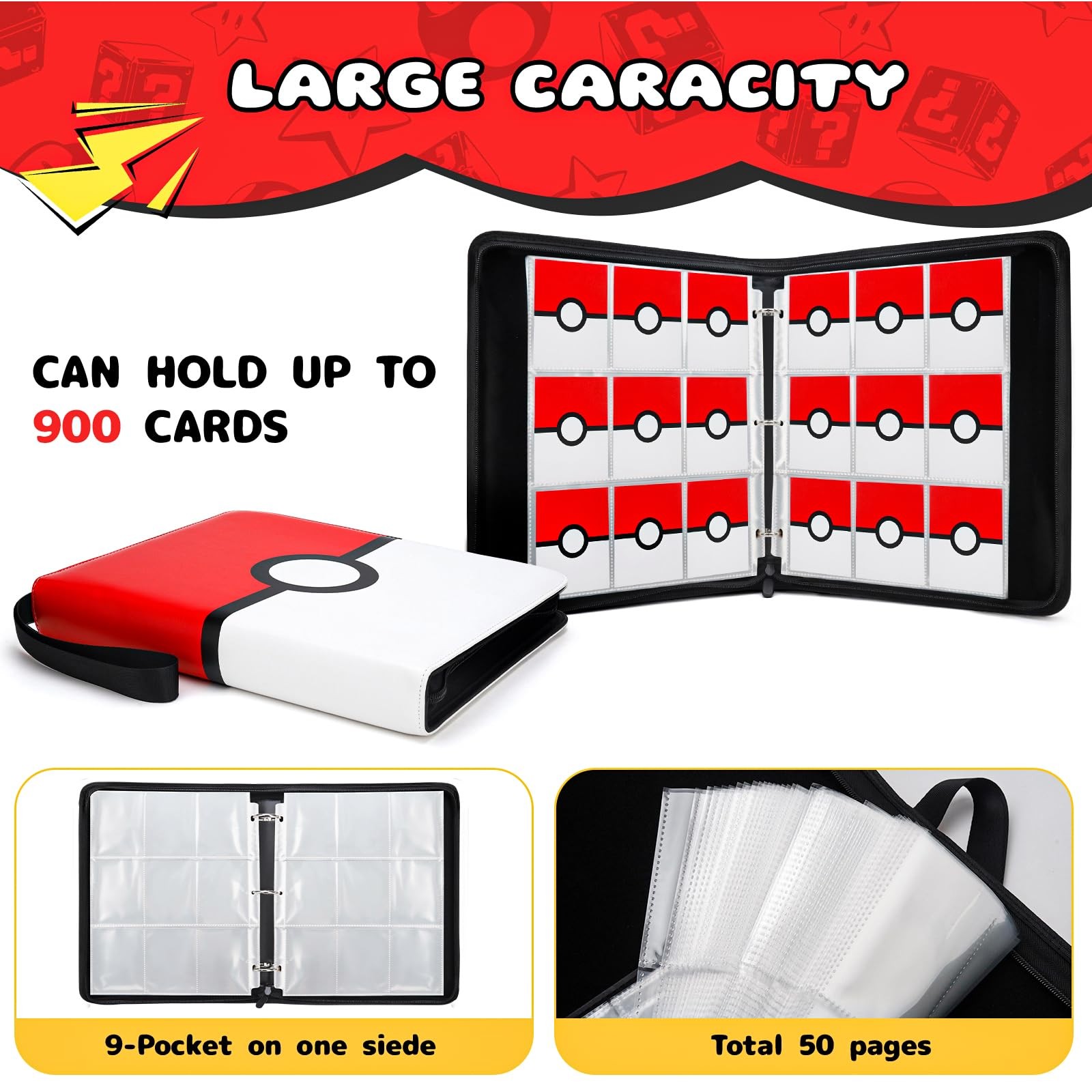Card Binder 9 Pocket, 900 Pockets Extra Large Trading Large, Red & White