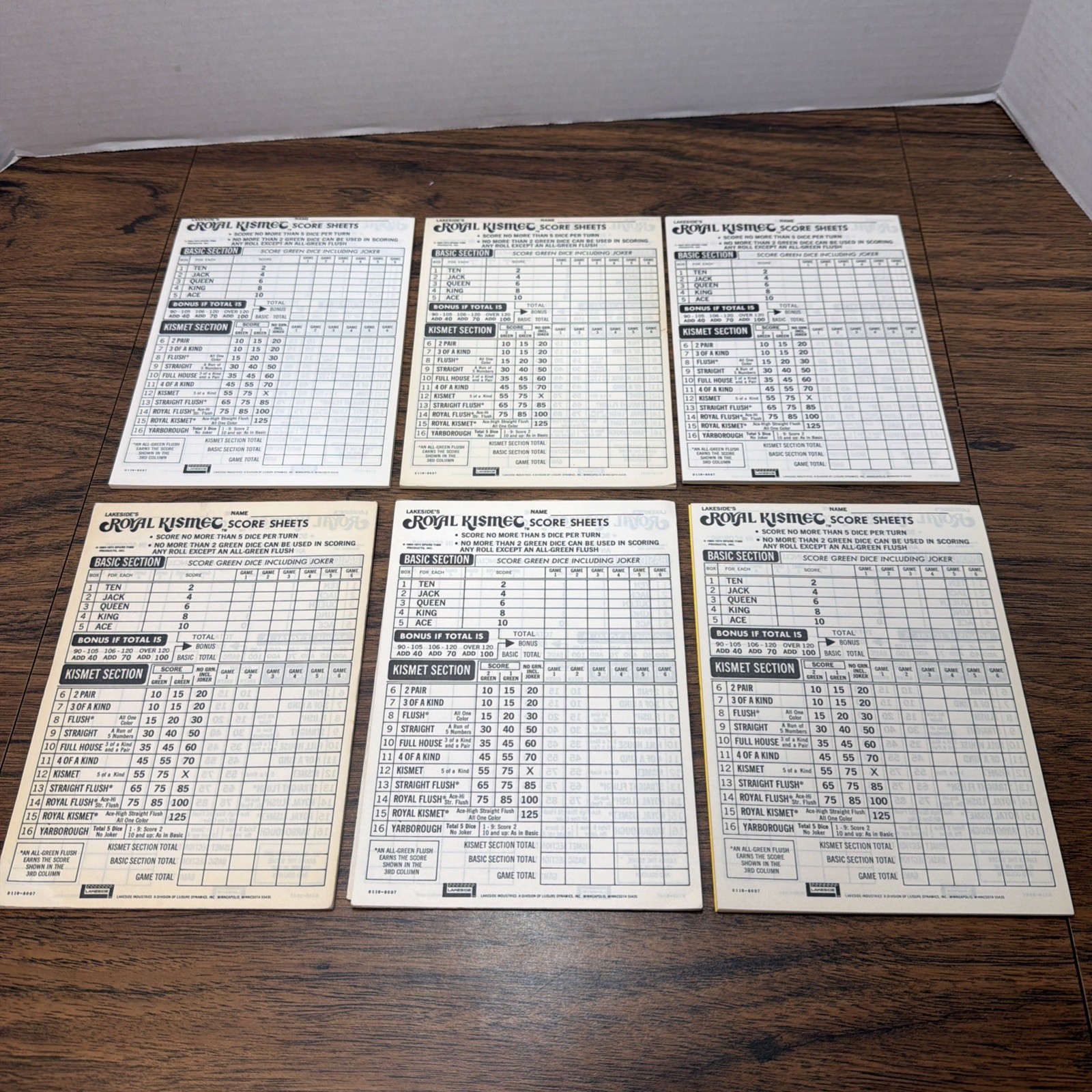 1974 Royal Kismet Poker Dice Game Lakeside – 6 Replacement Score Sheet Pads Only
