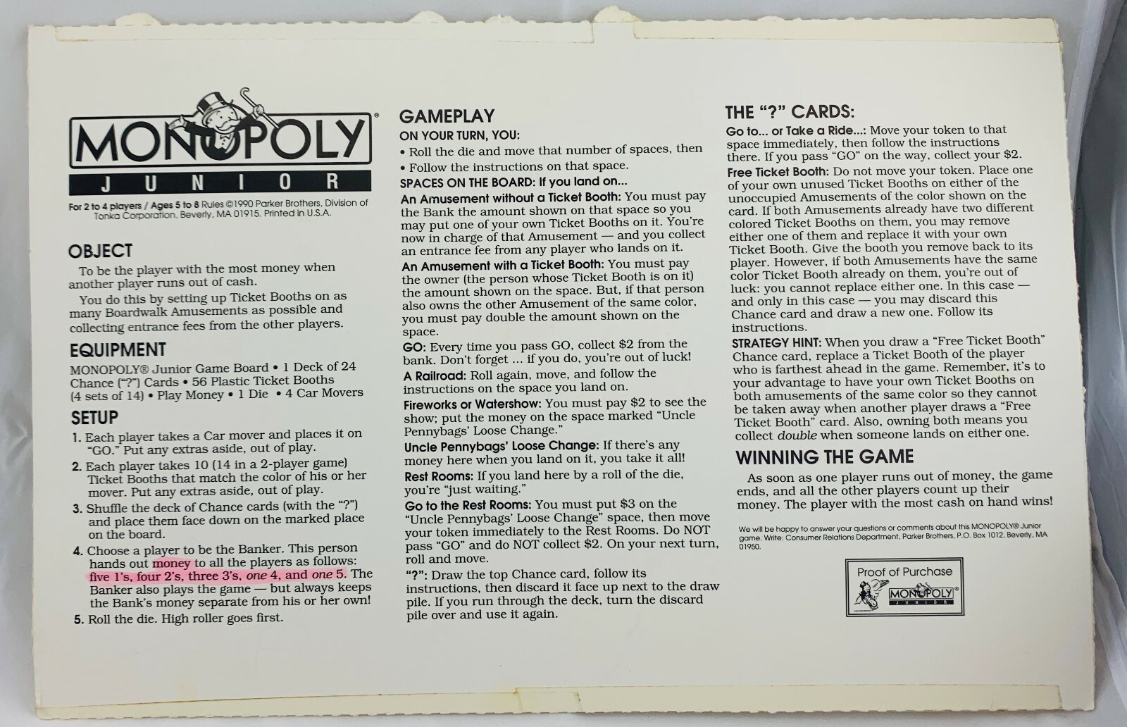 1990 Monopoly Junior Game by Parker Brothers Complete Very Good Cond FREE SHIP