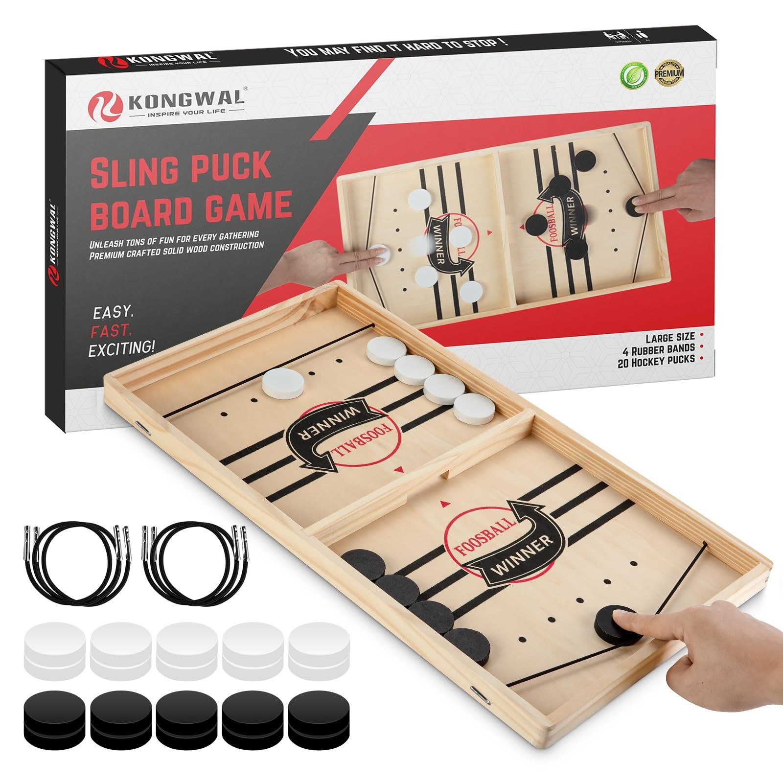 Fast Sling Puck Game, Wooden Air Hockey Board Game with 10 Spare Pucks & 2 El…