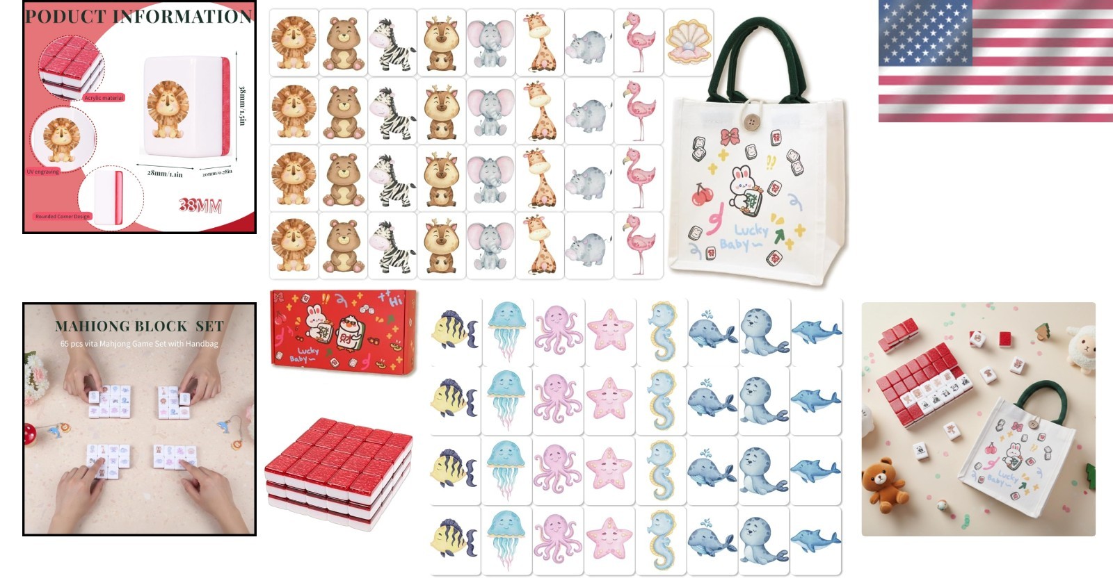 Portable Mahjong for Kids Block Set 65 pcs with Handbag for Travel Family Game