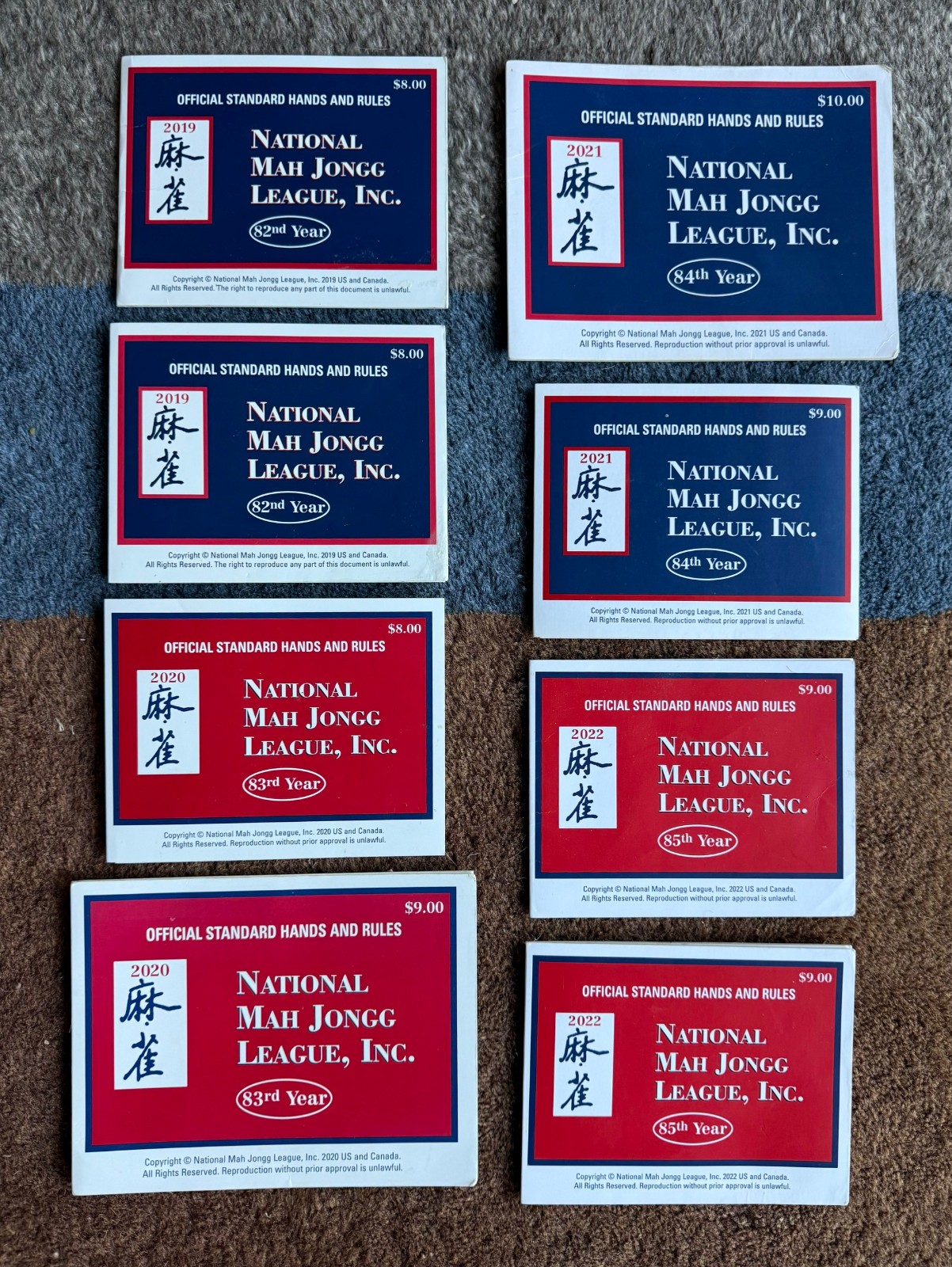 8 National Mah Jongg League Standard Hands And Rules Cards 2019 – 2022 (2 each)