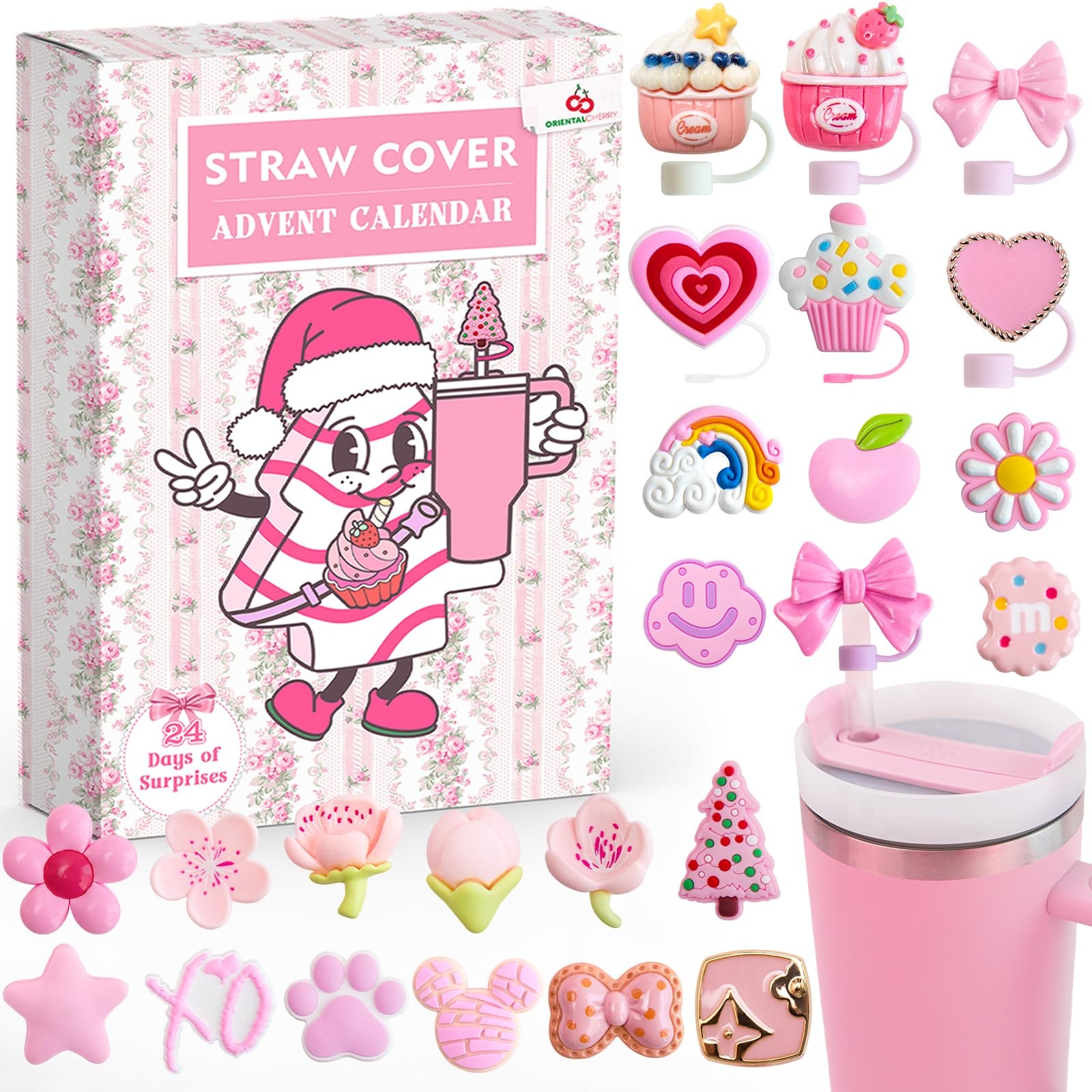 Advent Calendar 2025-24 Days of 10mm Straw Toppers for 30Oz & 40Oz Pink