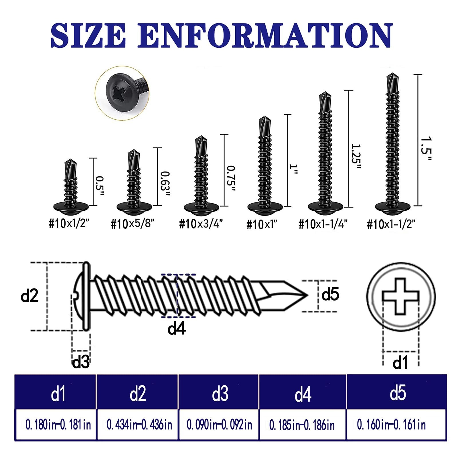 100PCS #10×5/8 Black Crosshead 410 Stainless Steel Self-Drilling Screws Modif…