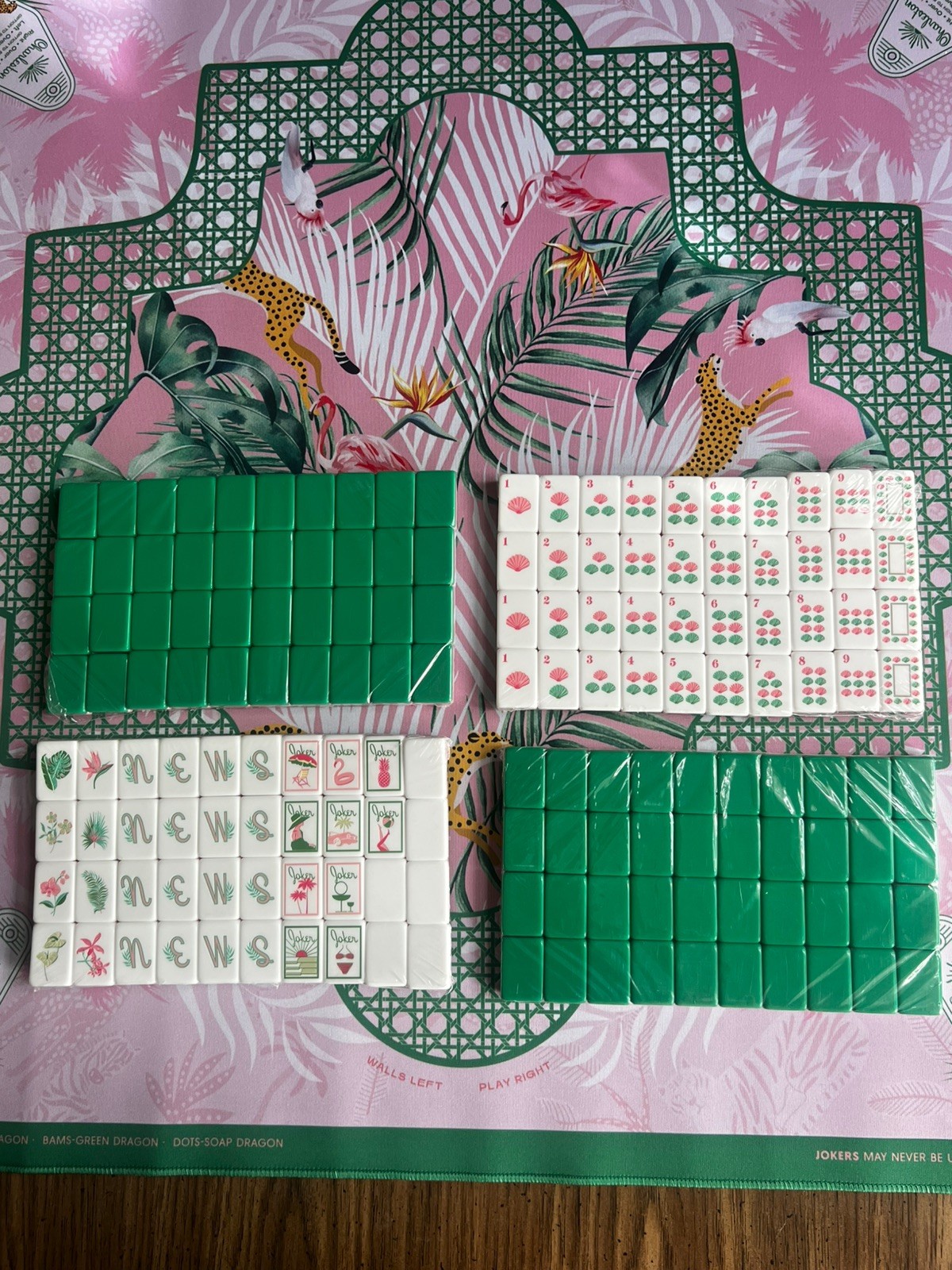 Green and Pink | American Mahjong Tile Set Beachy vibe with Cheetah Palm Mat