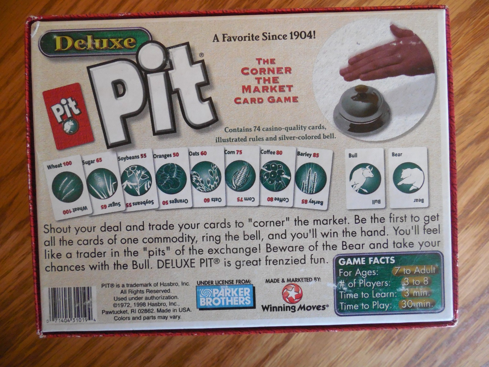 EUC 1998 Parker Brothers “Deluxe Pit” Card Game with Bell 3-8 Players Ages 7+