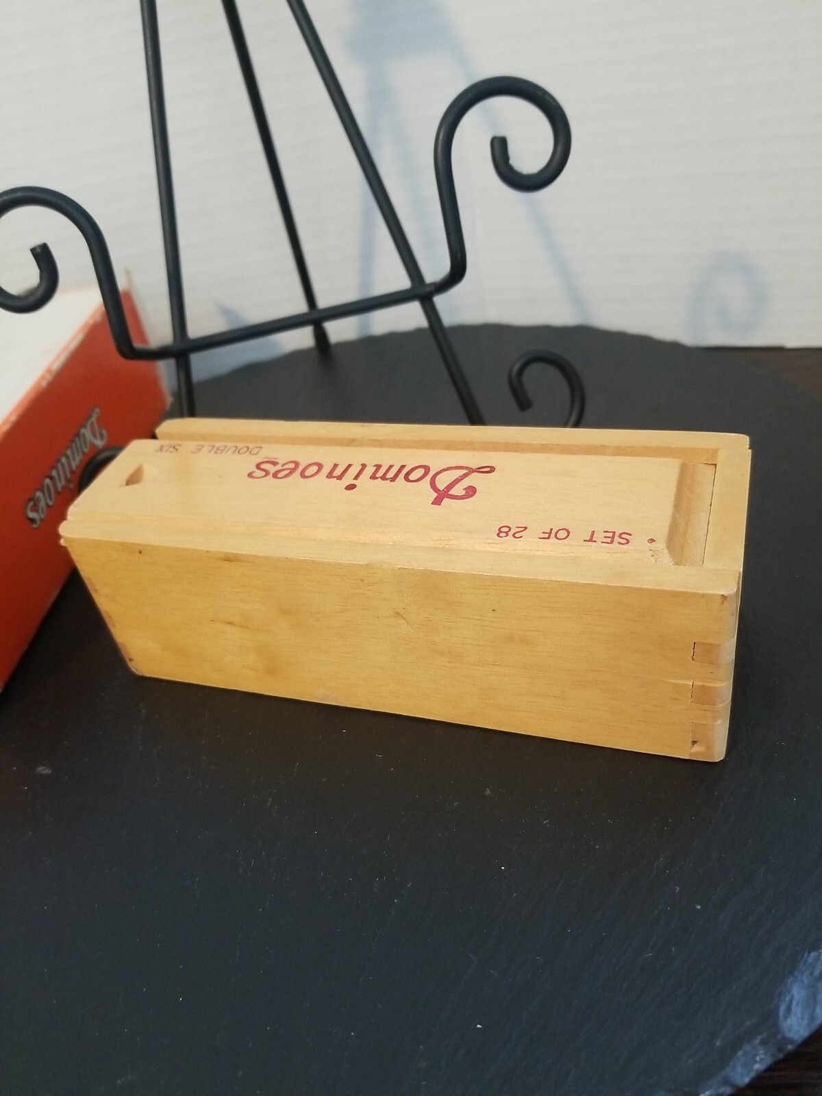 Hey! Play! VTG Double Six Dominoes Wood Dovetail Case, Original Box, 1980s