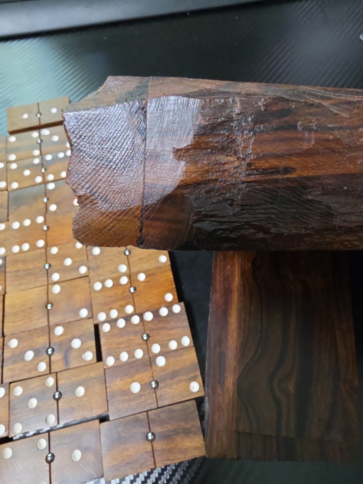 VTG Wood Hand Made Ironwood Dominos Set of 28 Tiles Rustic Log Case Complete