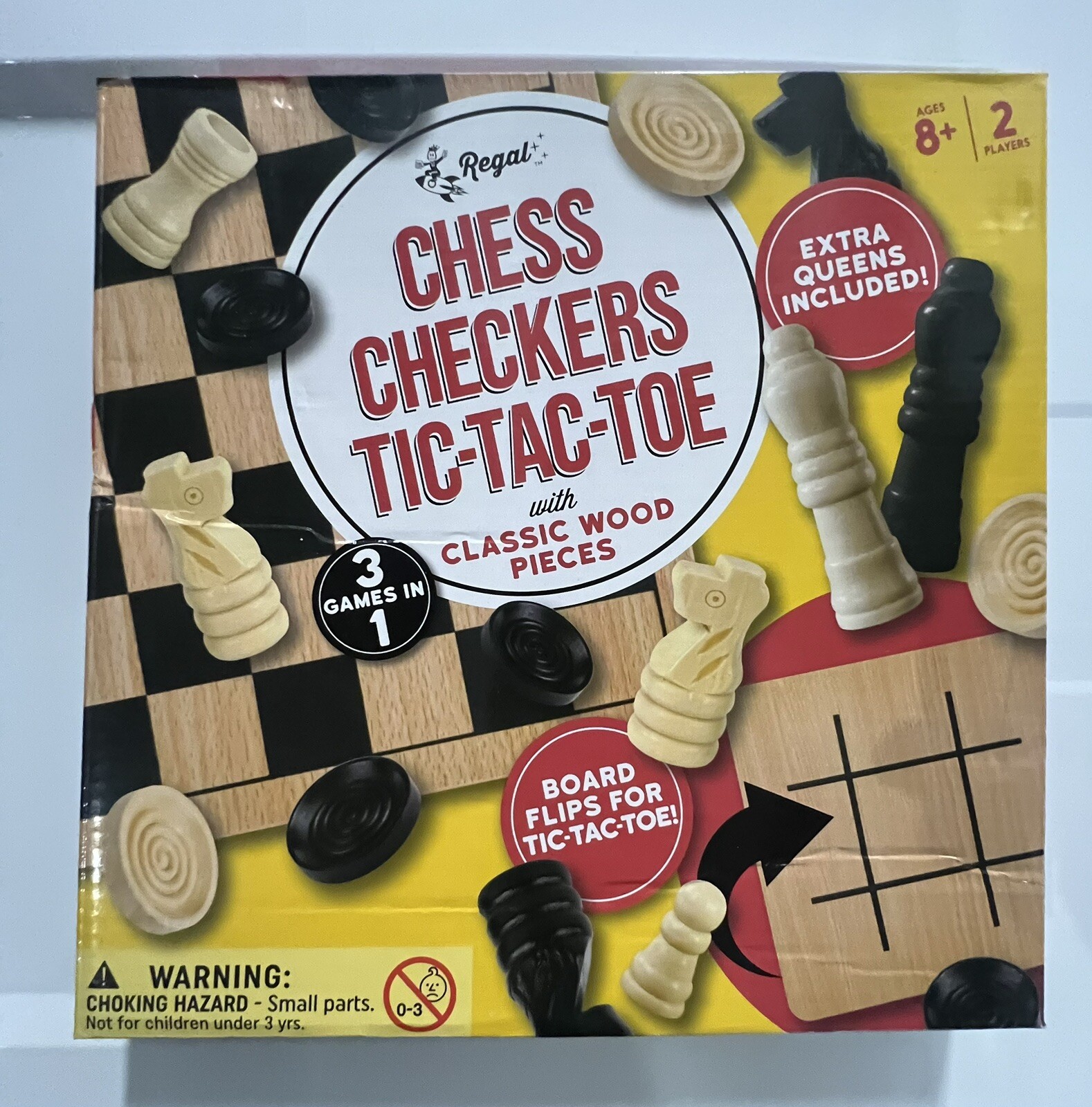 Regal Games 3-in-1 Reversible Wooden Board for Chess Checkers & Tic-Tac-Toe VGC