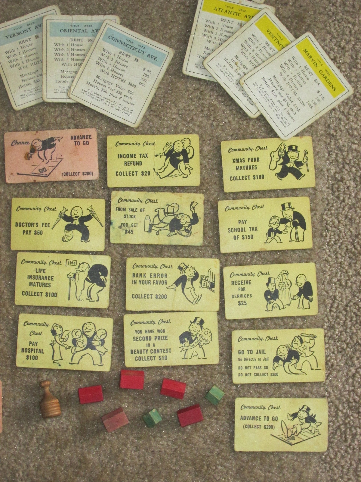 Vintage Monopoly Cards, 2 Wooden Tokens & 24 Wooden Buildings ~1950’s-60’s~Used