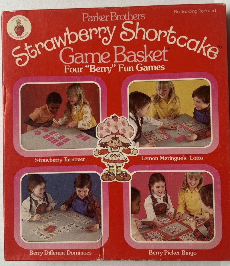 Vtg 1980s STRAWBERRY SHORTCAKE Board Game Basket by Parker Brothers 4 Fun Games