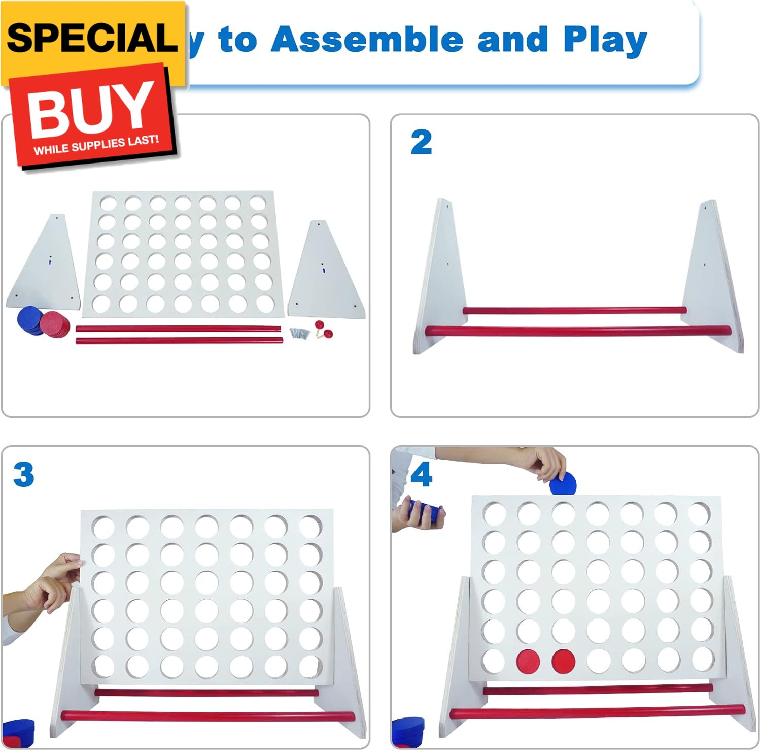Portable Wooden 4 in a Row Game, Classic Wooden 4-to-Score Game Set with Coins &