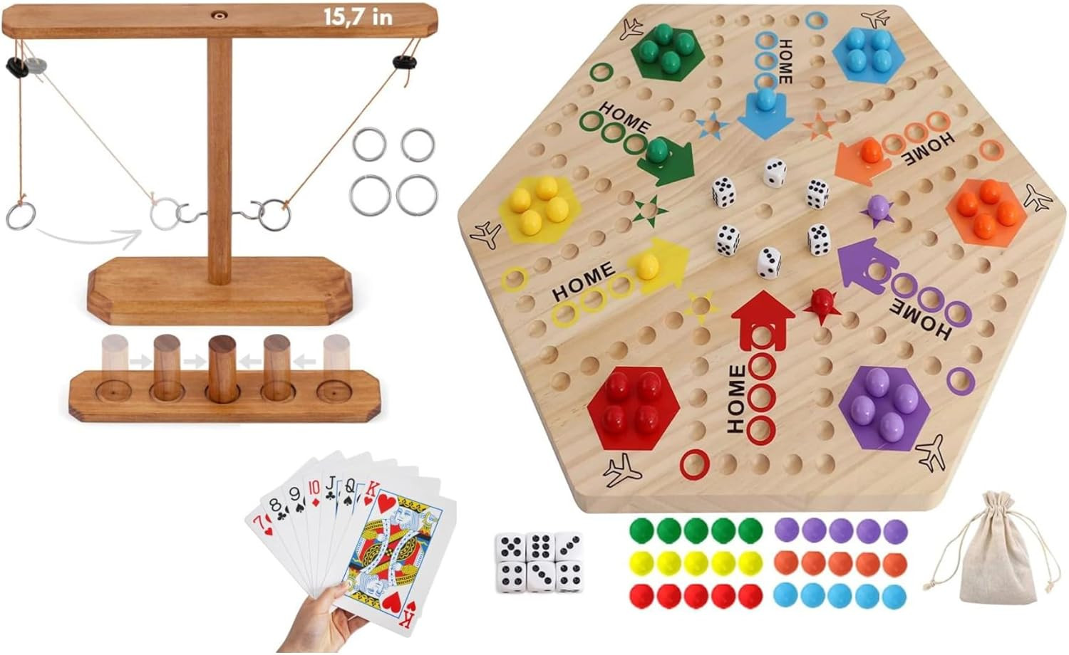 Wooden Wahoo Marble Board Game , Double-Sided, for 2-6 Players, with 24 Marbles