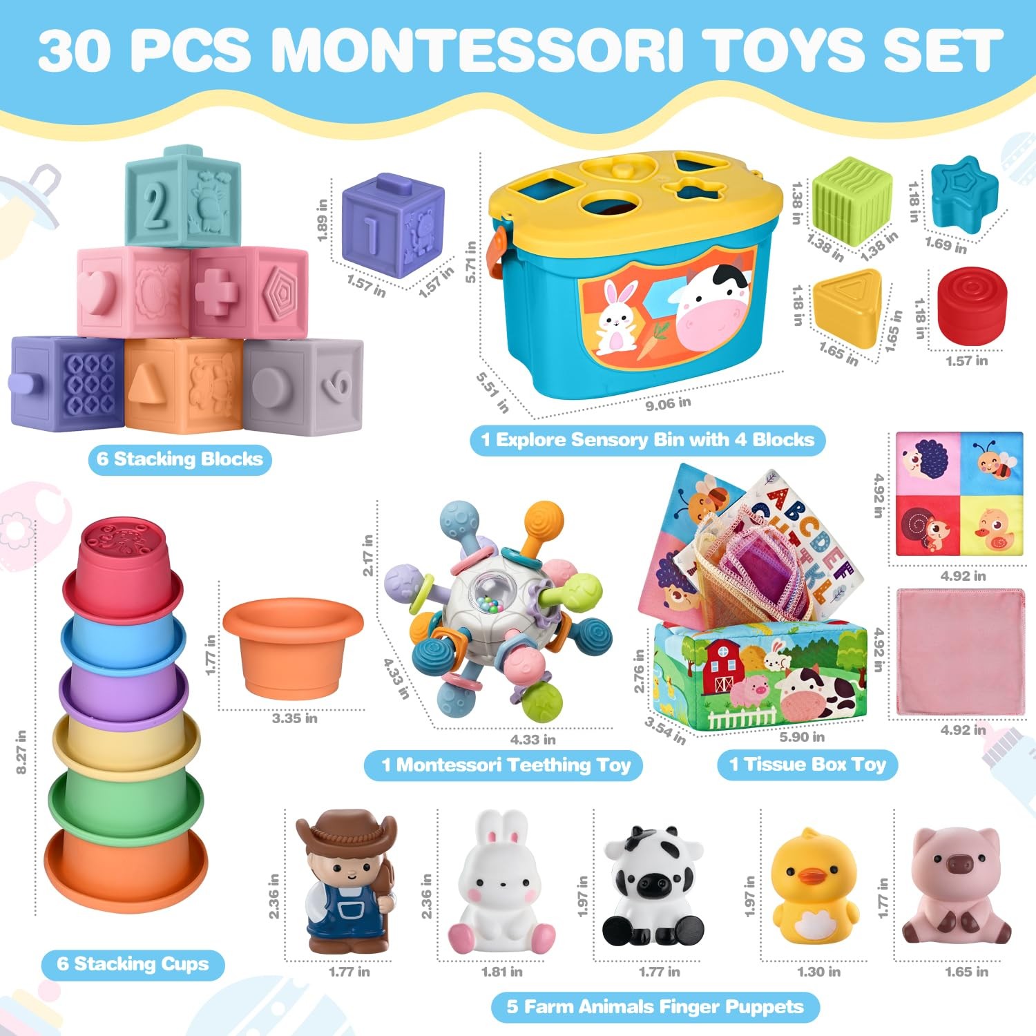 Baby Toys 6 In 1 Montessori Teething Stacking Blocks Farm Animals Multicolored