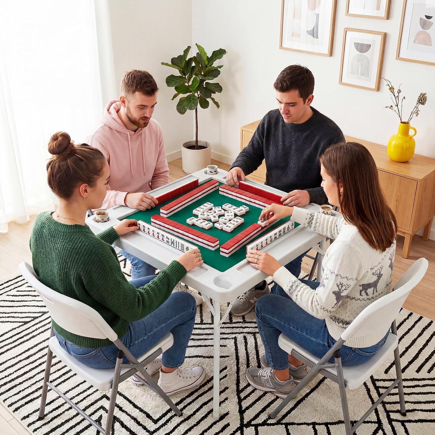 Mahjong Table 4Player Folding Card Table w/Cup Holders&Trays,HDPEwater-resistant