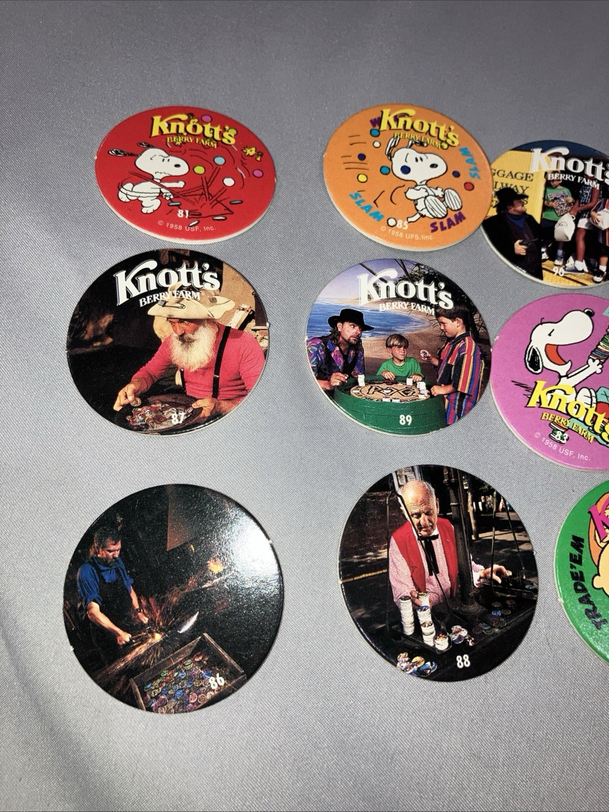 Lot Of 11 Vintage POGs Misc. Knotts Berry Farm Snoopy Socal Pog Championship