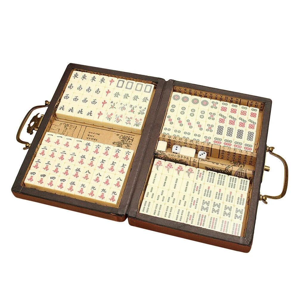 Vintage Chinese Mahjong Set Traditional 144 Tiles Mah-Jong Game Set w/ Case Box