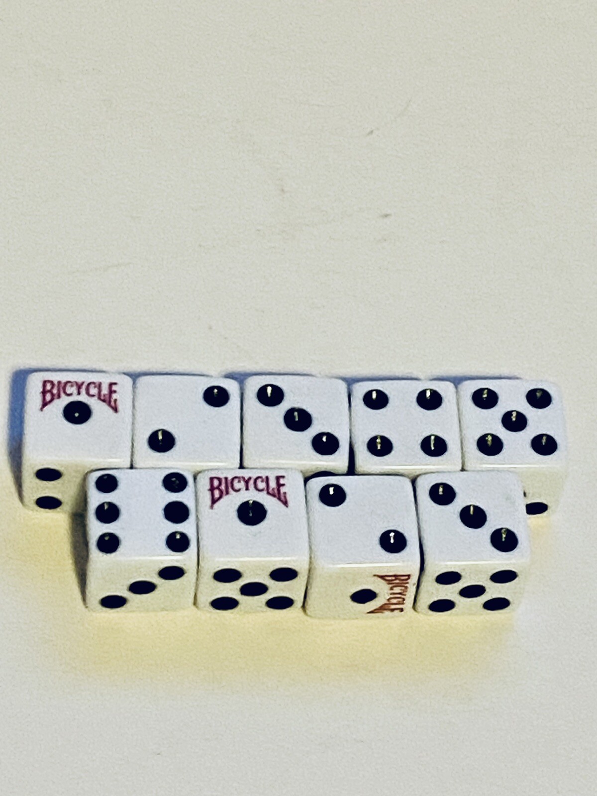 Lot Of 9Bicycle Branded 6 Sided Dice 16mm Standard Size White Plastic Black Pips