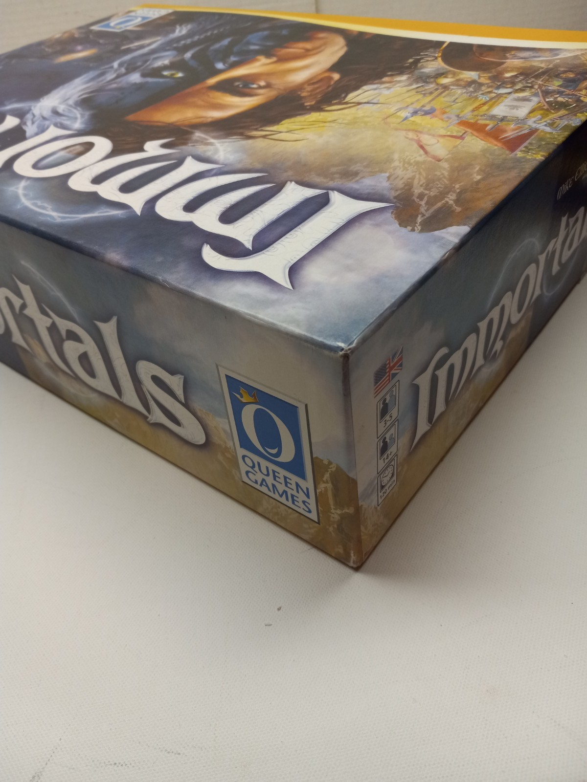 IMMORTALS Board Game Queen Games Almost Complete in Box Missing 1 Green Cube